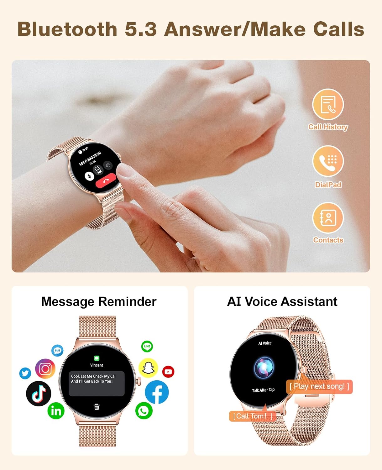 Smart Watches for Women iPhone Compatible, 1.43' AMOLED Display Fitness Tracker with Bluetooth