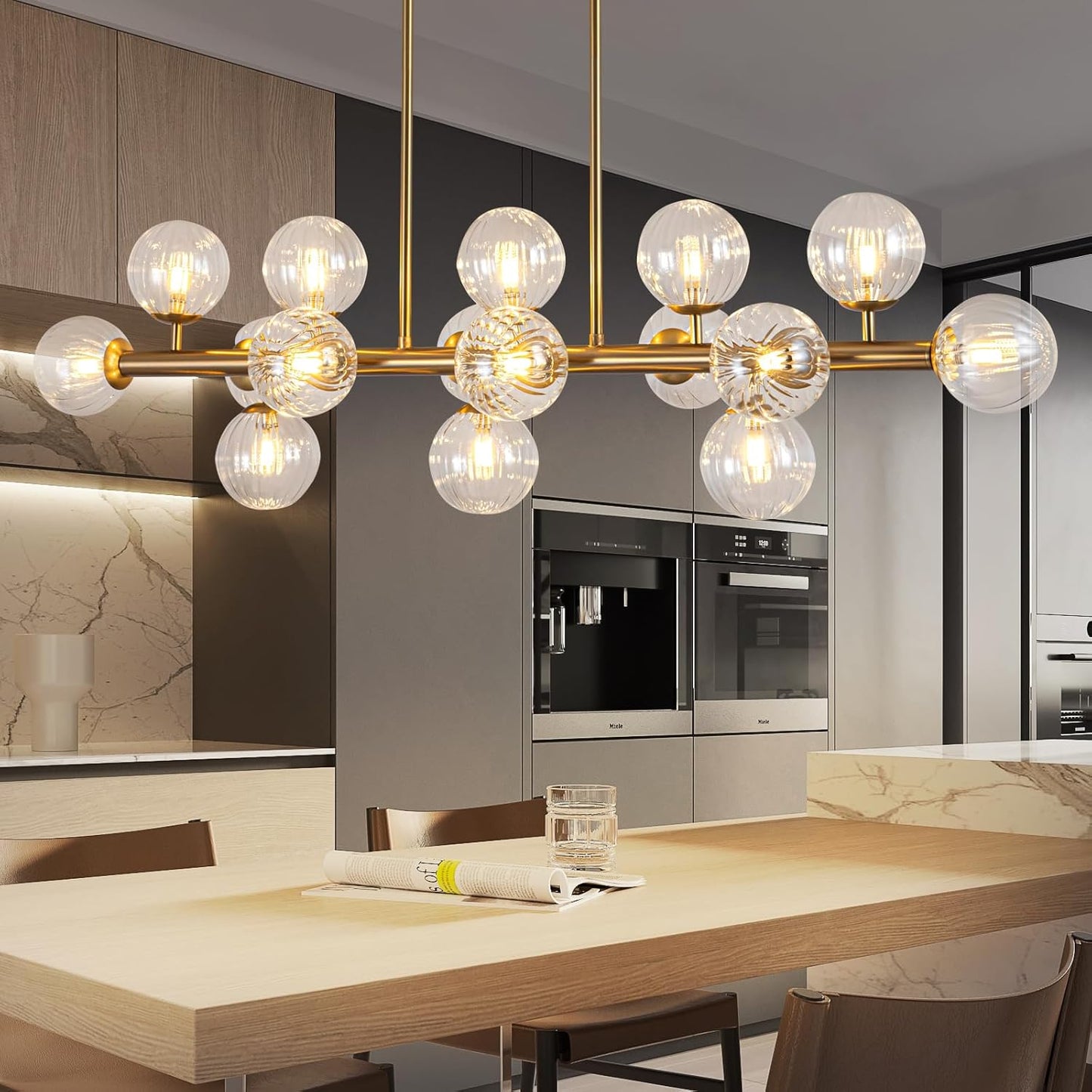 Wndtu Modern Chandelier Gold Linear Rectangle Chandelier Luxuly Pendant Ceiling Light Fixture for Dining Living Room Kitchen Island 16-Light