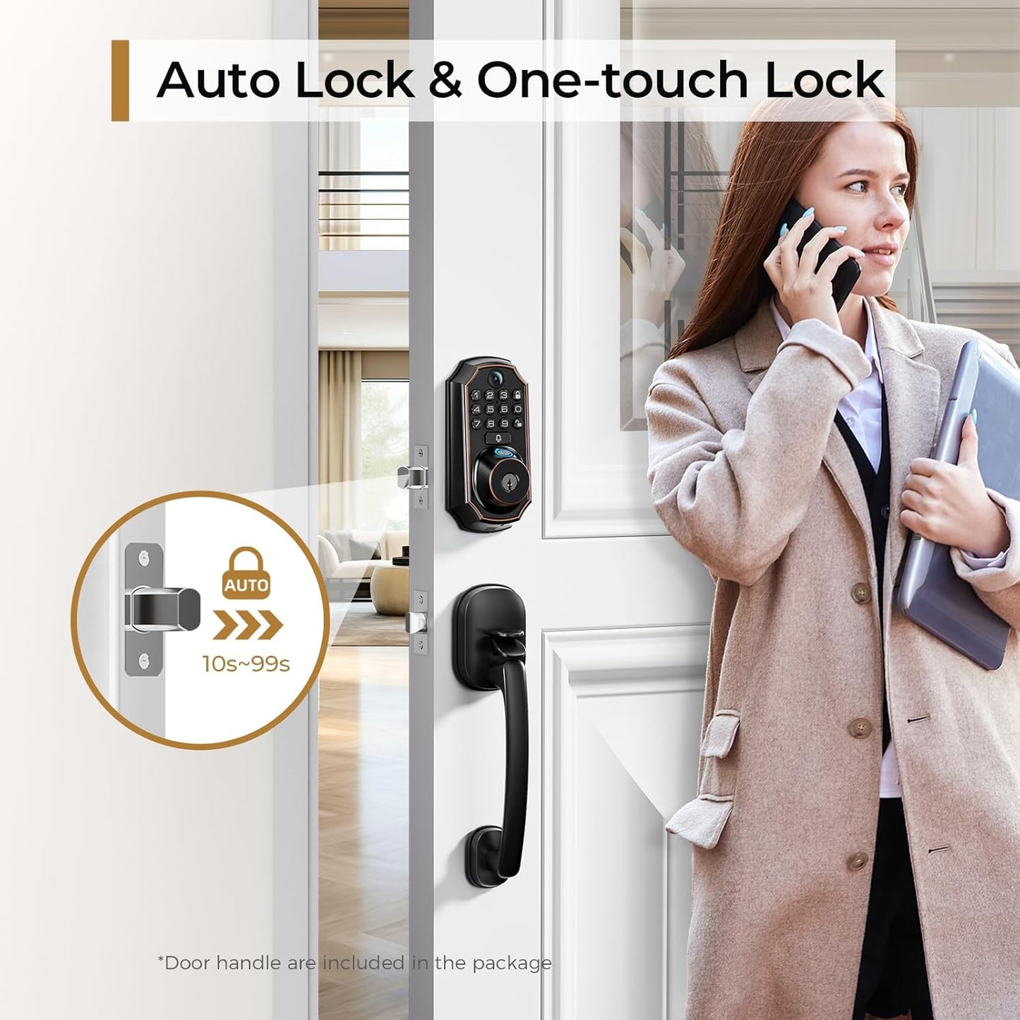 Keyless Entry Door Lock Deadbolt with Handle Set - WiFi Door Lock with Camera - 5 in 1 Camera+Doorbell+Fingerprint Keyless