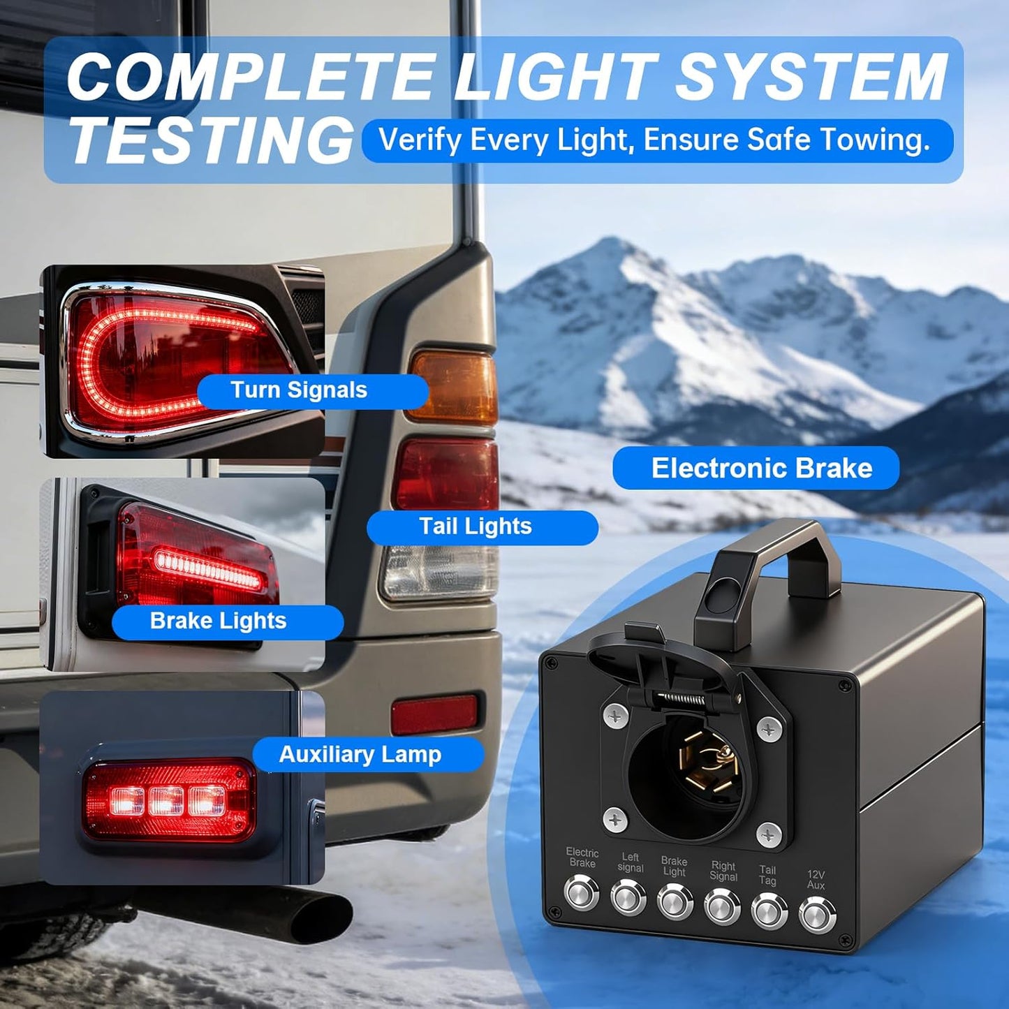 Trailer Light & Electric Brake Tester with 12V 10Ah Battery, Tests 7-Spade, 6-Round and 4/5-Flat Pin Type Trailer Harnesses, Bluetooth App Connection Remote Operation, IP68 Waterproof Case 7-Way Flat (Spade)