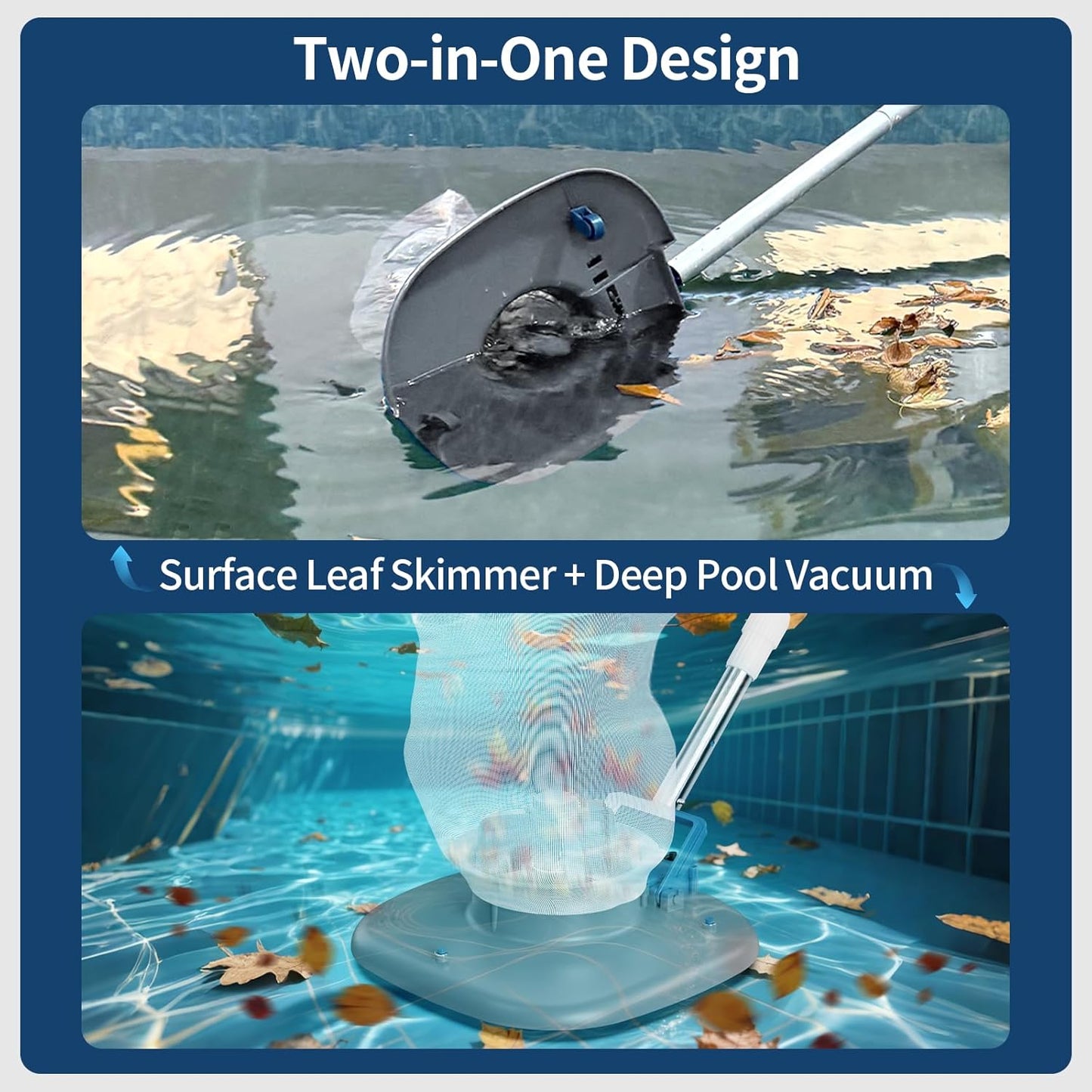 Pool Leaf Vacuum with Telescopic Pole, Rechargeable Cordless Pool Skimmer for Inground & Above Ground Pools with 83GPM Powerful Suction & 6.6Gal Leaf Catcher Bag for Heavy Debris Areas