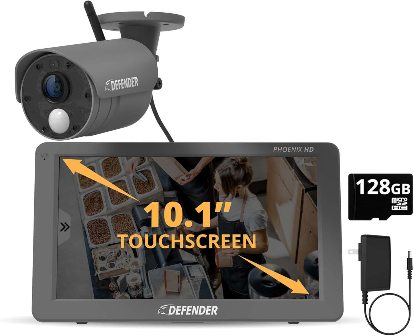 Defender Phoenix HD Wireless Security Camera System with 10.1 Touchscreen Monitor, 1 HD Outdoor Security Camera, No WiFi Required, Includes 128GB SD