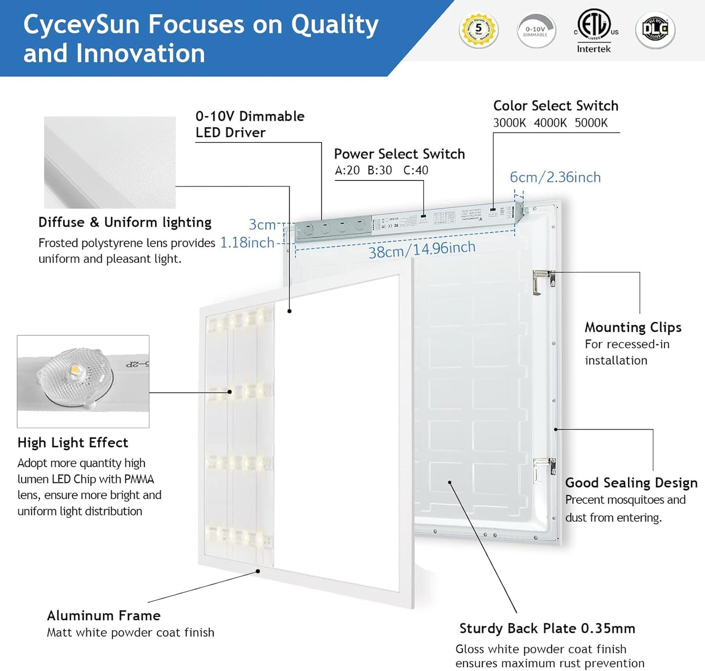 2x2 LED Flat Panel Light, Drop Ceiling Light 3000K 4000K 5000K 3 Color Temperature Selectable & 0-10V Dimmable, 20W/30W/40W Options, 100-277Vac, ETL,