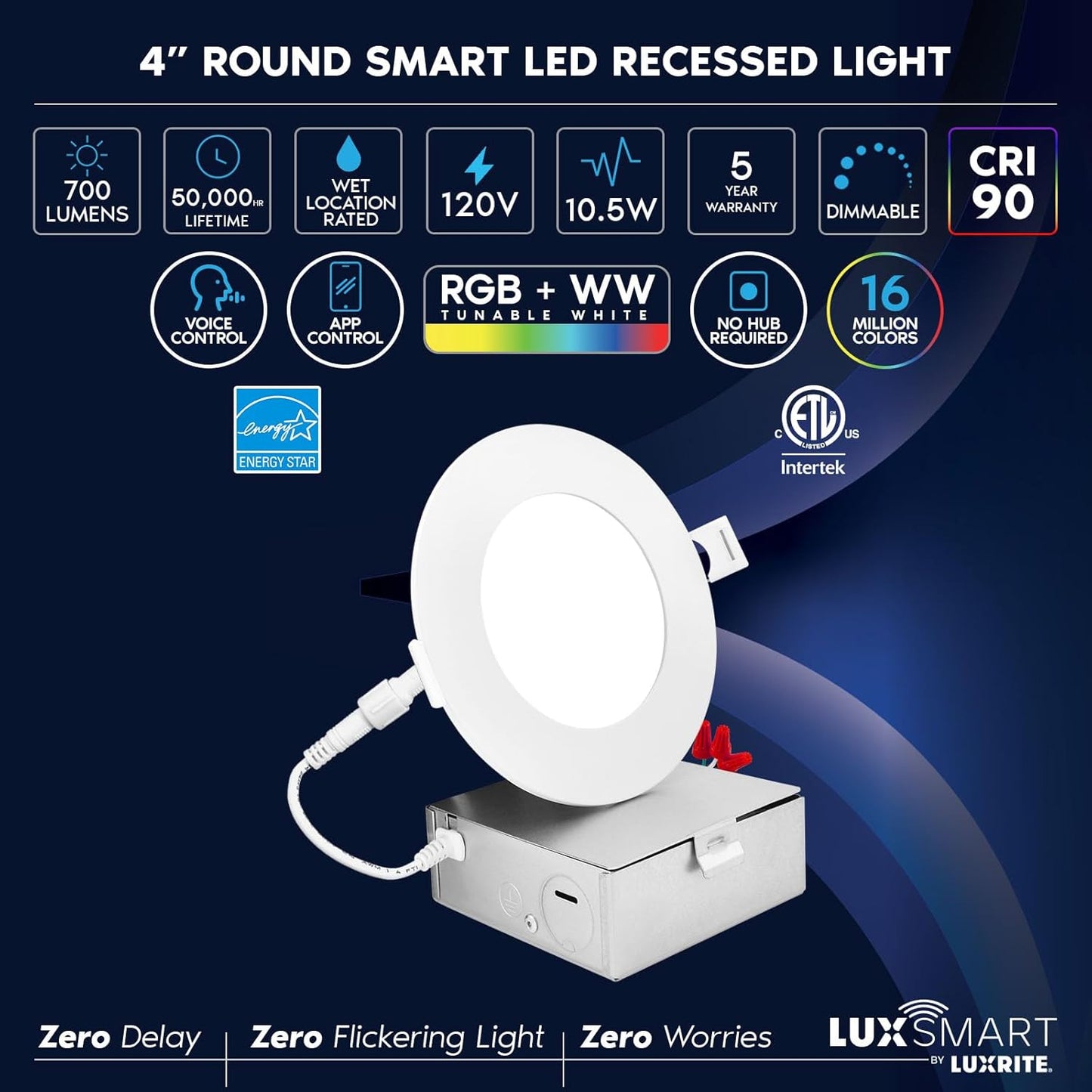 LUXRITE 4 Inch Smart LED Recessed Lighting, RGBW Color Changing, WiFi App and Voice Control, Compatible with Alexa and Google Home, No Hub Required,