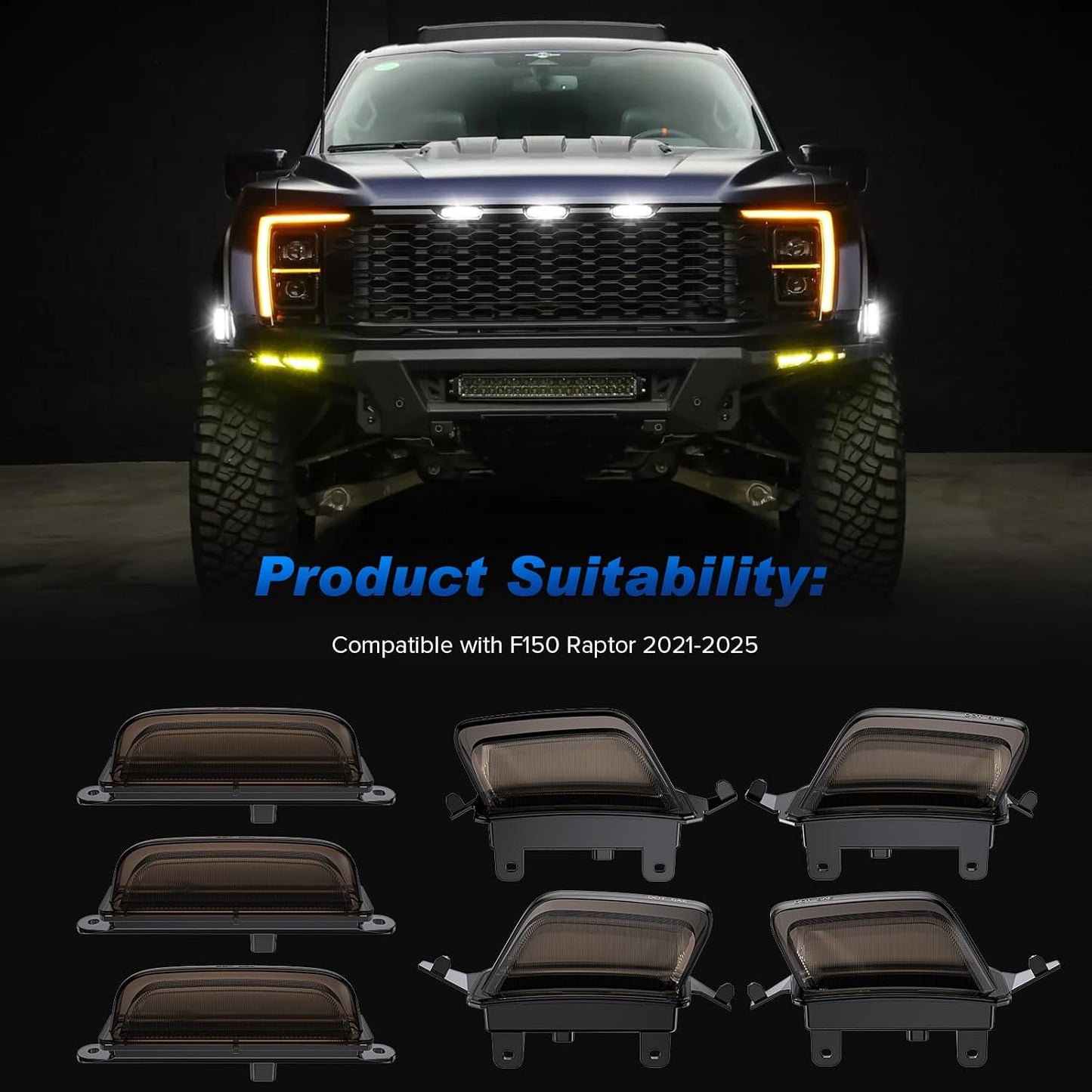 LED Front Grille Marker Lights for 2021-2026 Ford F150 Raptor A2|2021-2026 F150 Raptor|Smoked Len
