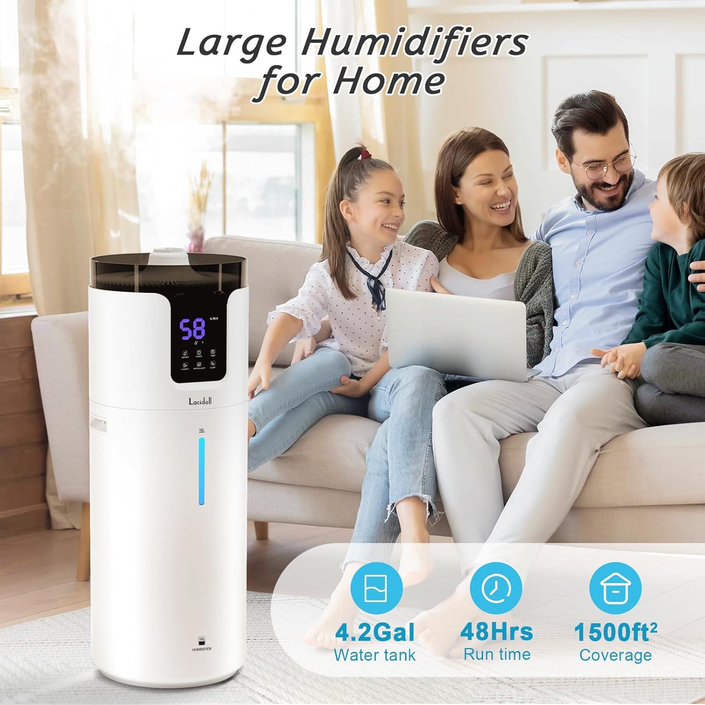 Humidifier Large Room Home Bedroom 2000 sq.ft. 16L/4.2Gal Whole House Humidifiers with Extension Tube & 4 Speed Mist, Cool Mist Humidifier with