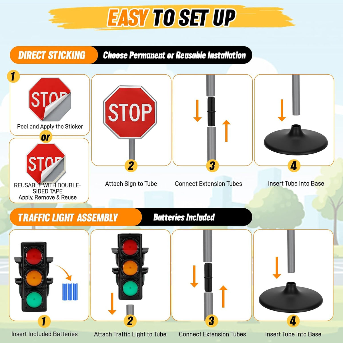 Large Traffic Signs Playset (36PC Set), 42in Tall Street Sign and Traffic Light Set for Kids, Educational Road Signs for Ride-On Cars, Bikes, Indoor/Outdoor Play