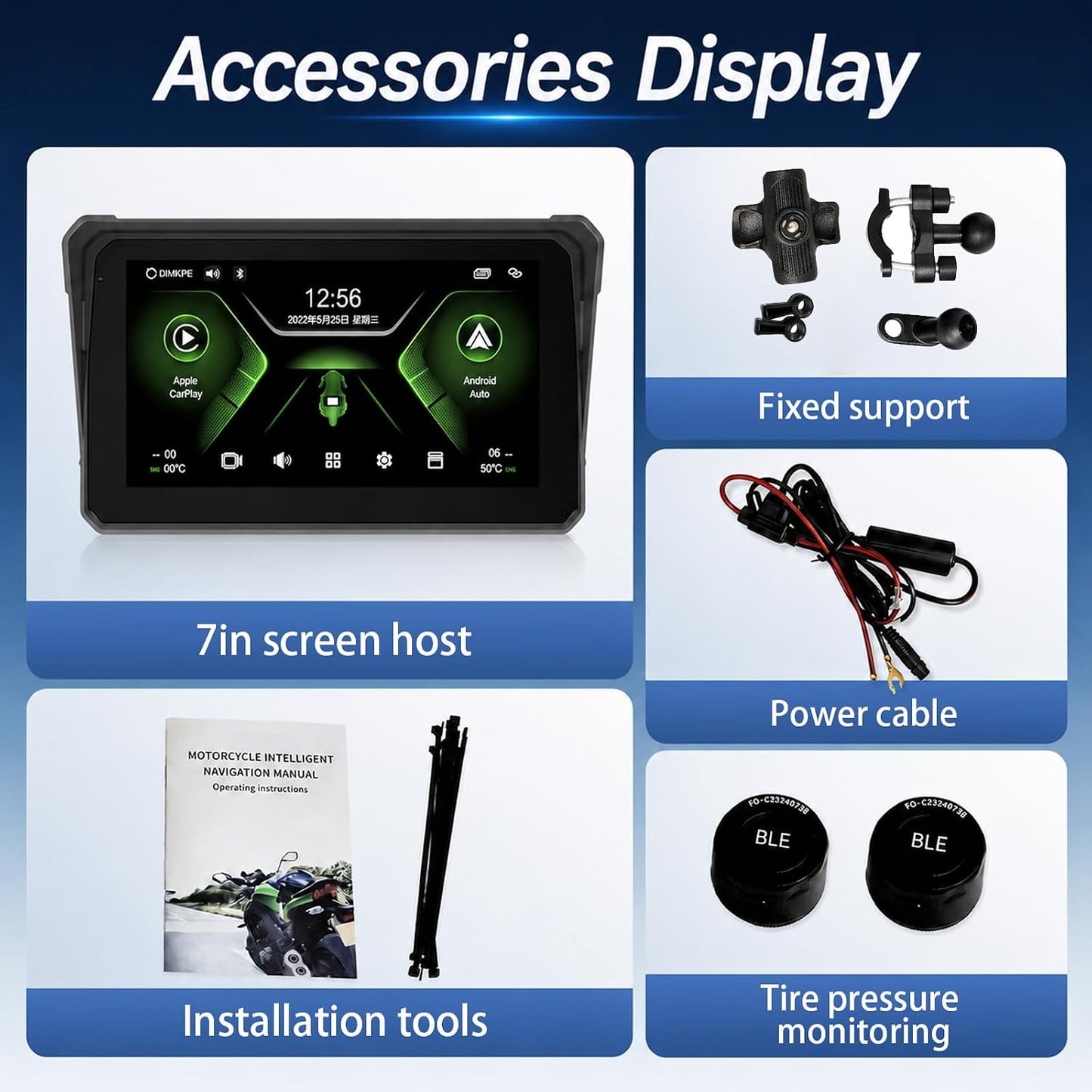 7-Inch Motorcycle CarPlay with TPMS, Apple CarPlay & Android Auto, Portable Display, Dual Bluetooth, Motorcycle Mount Included 7in