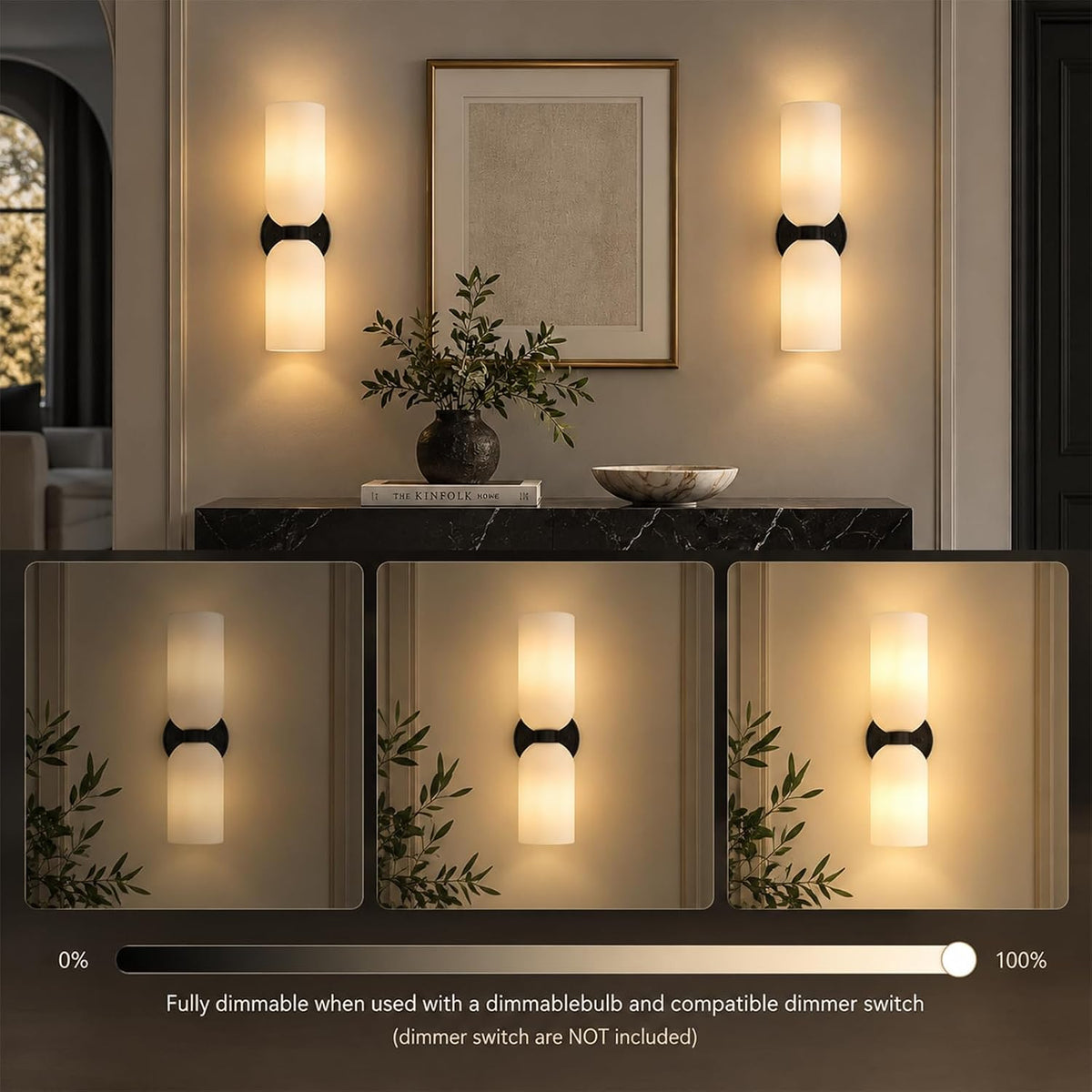 Black Wall Sconces Set of 2 - Frosted Milk Glass Dimmable Light Fixtures