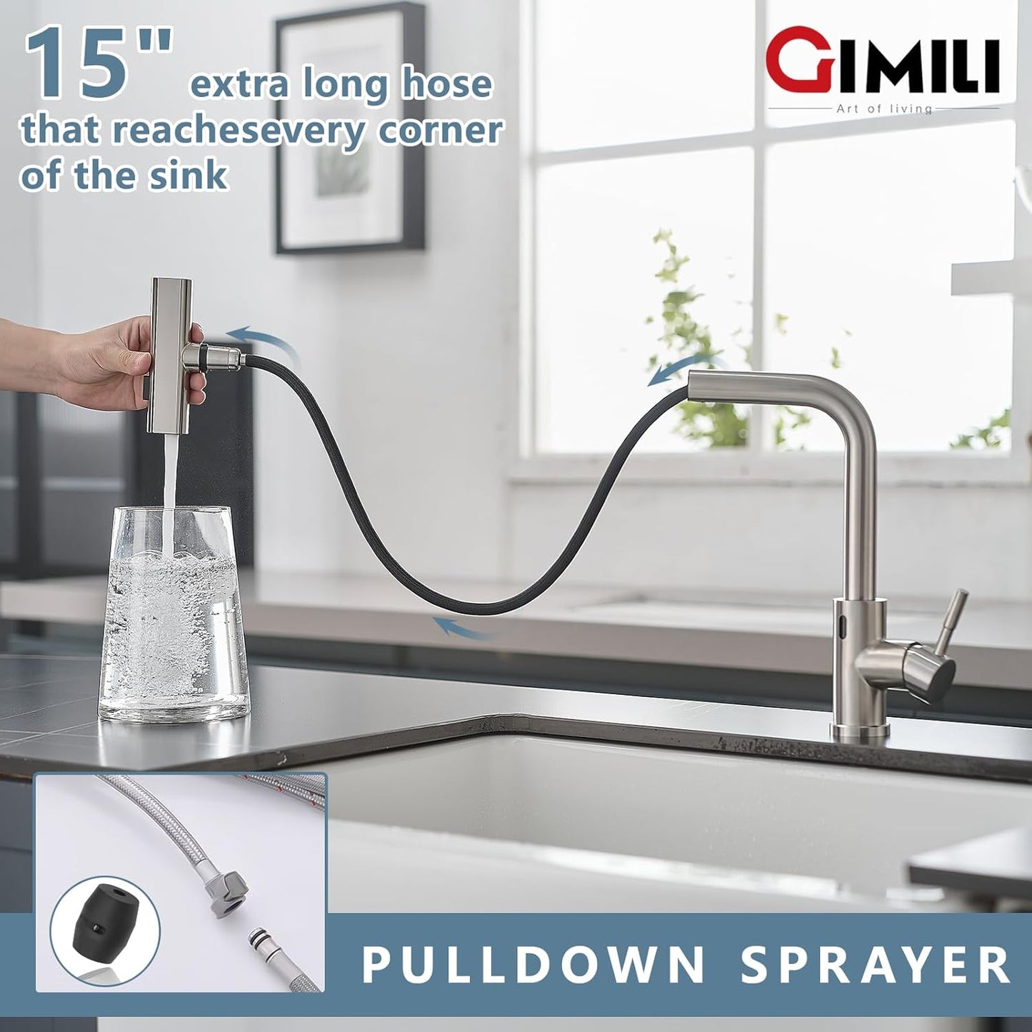 GIMILI Touchless Waterfall Kitchen Faucet with Pull Down Sprayer Brushed Nickel Single Hole Handle Stainless Steel Kitchen Sink Faucets Commercial