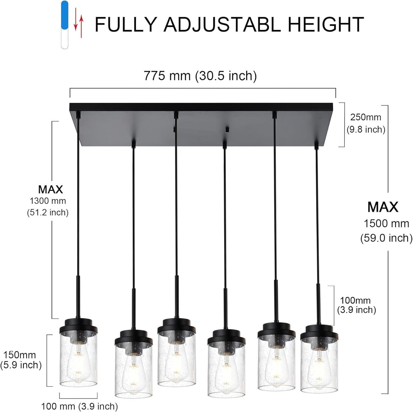 6 Lights Hanging Kitchen Island Lighting Black Linear Chandeliers for Dining Room, 30.5 Inches Large Pendant Light Fi