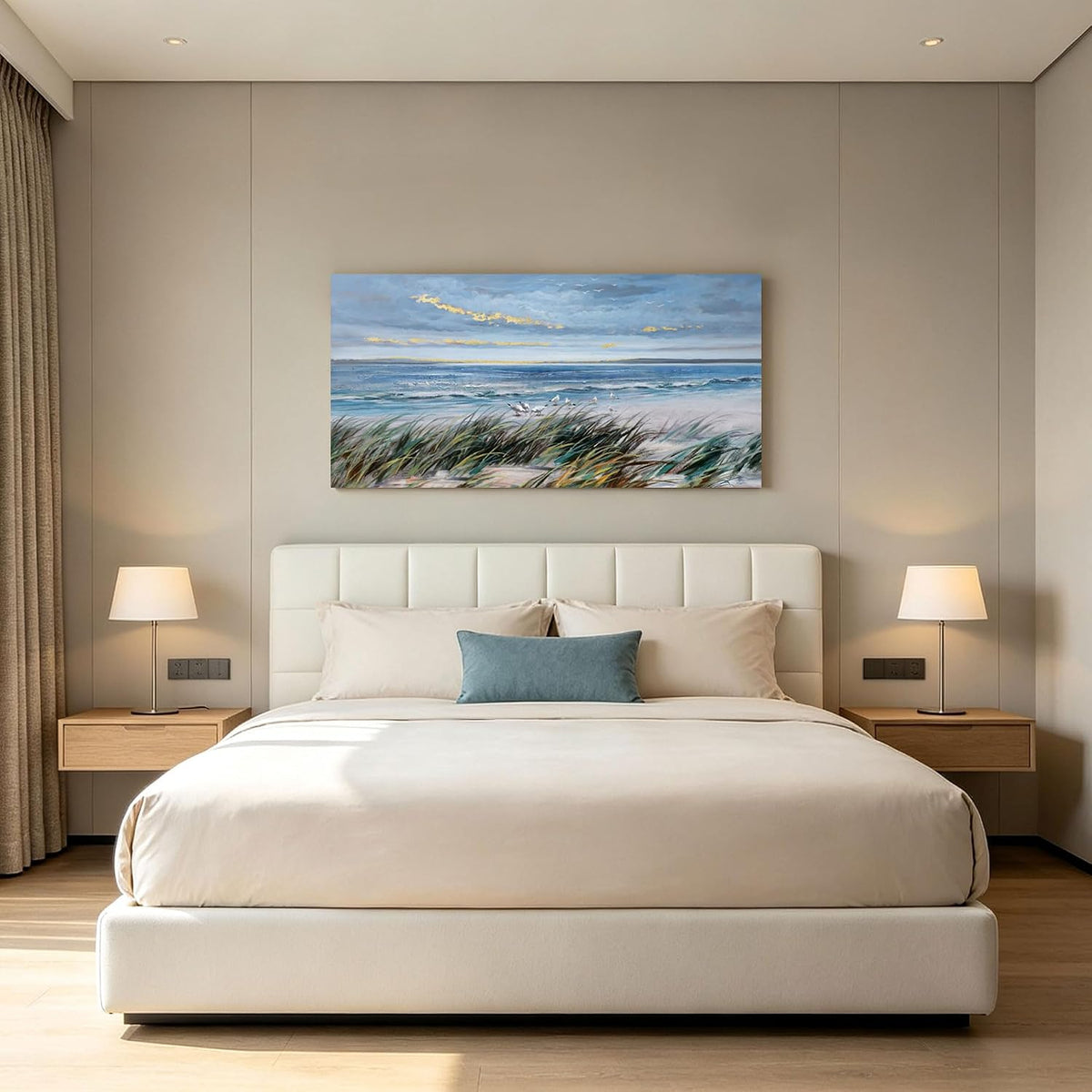 KLAKLA Coastal Wall Art Beach Picture Large Canvas for Living Room 48x24 IN Blue and Gold 48"L x 24"W