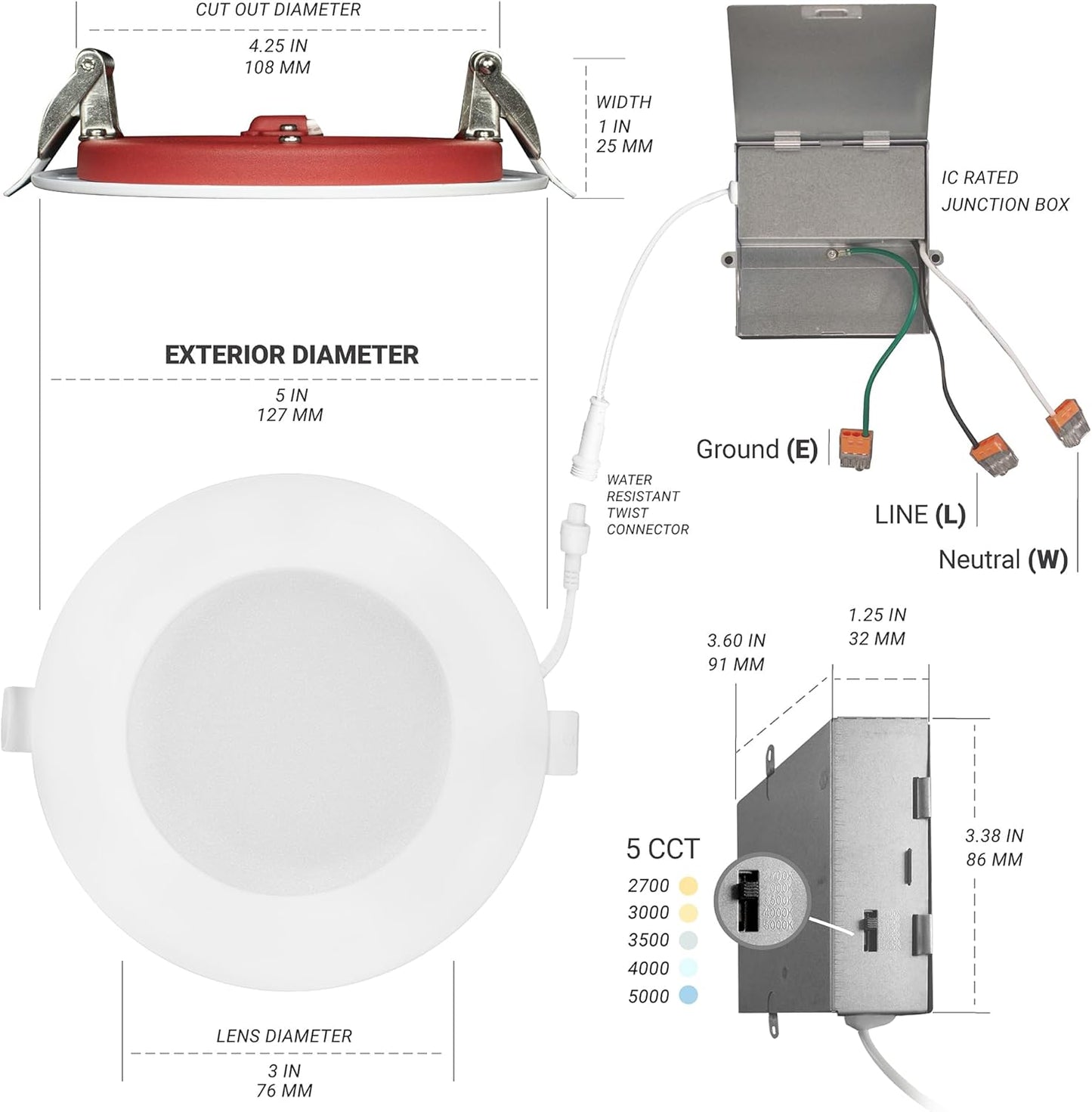 NUWATT 4 Inch 2 Hour FIRE Rated Ultra-Thin LED Recessed Light, 2700K/3000K/3500K/4000K/5000K Selectable, 900 Lumens, Di