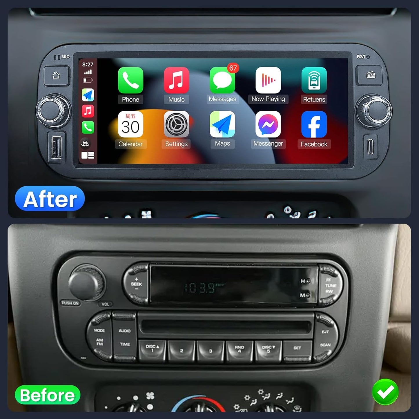 Radio for Dodge Ram 1500/2500/3500 2002-2006 Stereo for Jeep Grand Cherokee 1999-2004 for Jeep Wrangler 2003-2006 Wireless CarPlay Android Auto Bluetooth 5.0 6.8 Inch IPS Touch Screen 2+32