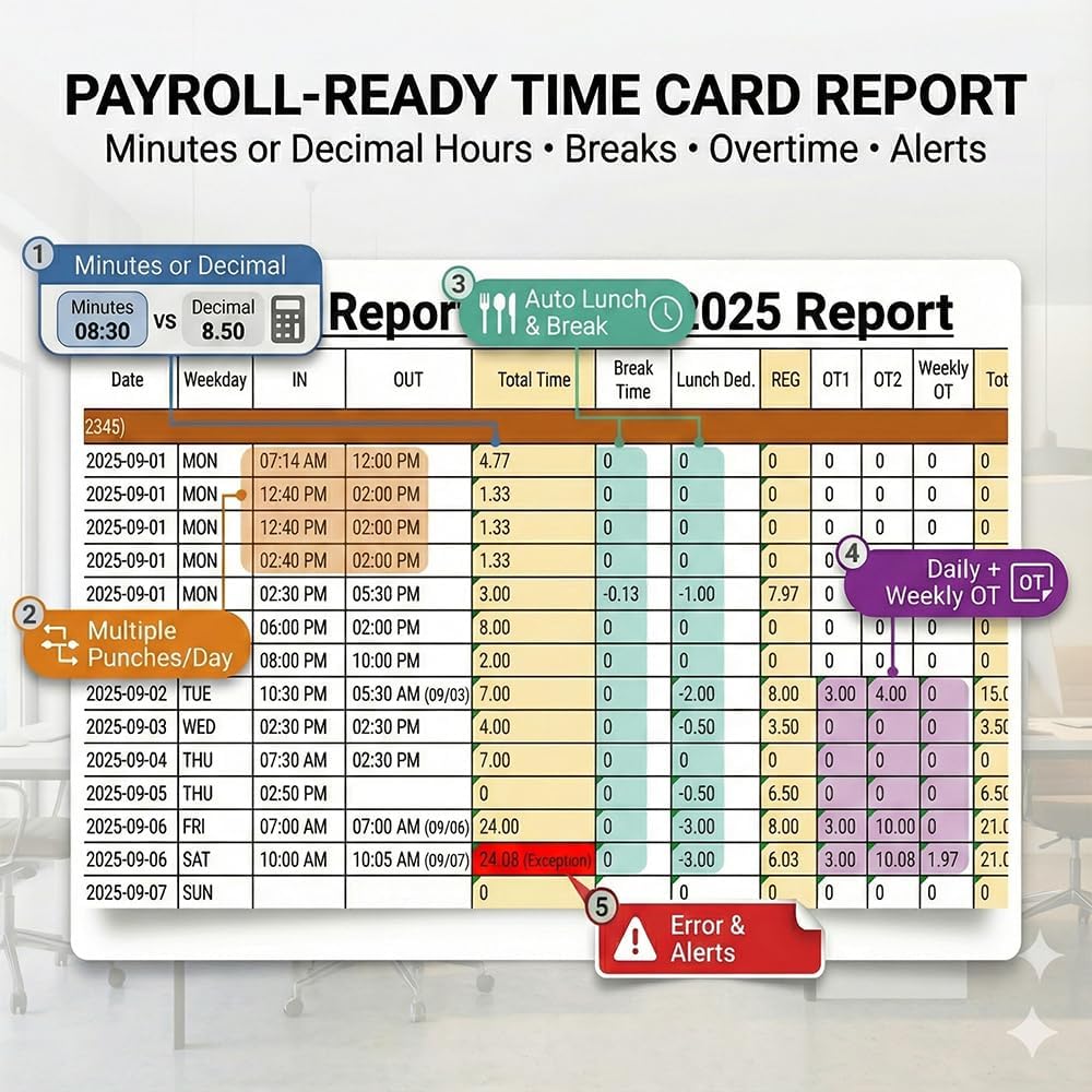 App Control, 5s Fast Connection, Fix Records, Custom Overtime, Lunch & Break Rules, 4 Payroll Reports, No Monthly Fee, 10 IC Cards Included, Fingerprint & Face Time Clock for Small Business