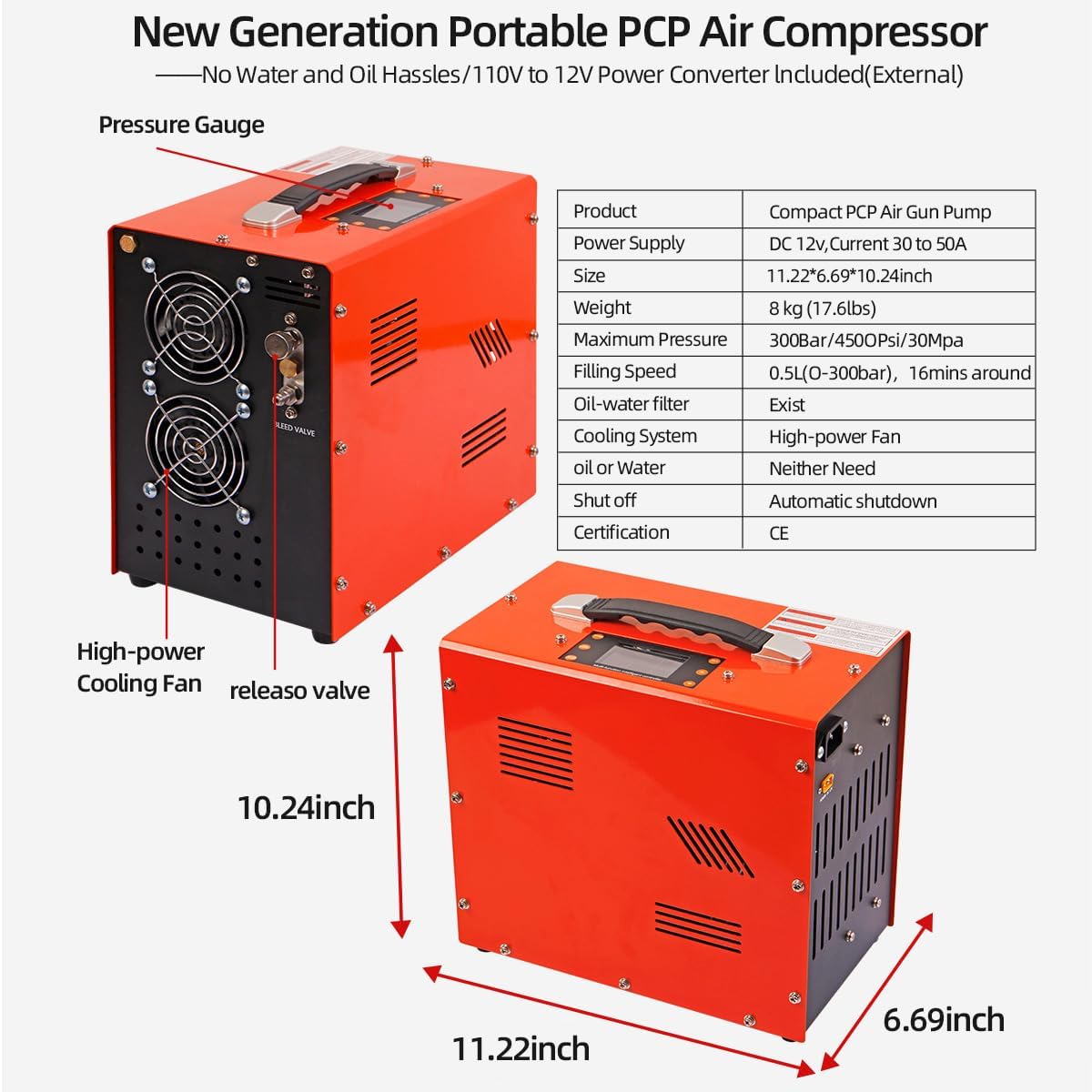 Generic air compressor 110V/, 4500Psi/30Mpa/300Bar, with built-in water/oil adapter suitable for 12V in car, suitable for pcp air compressor and