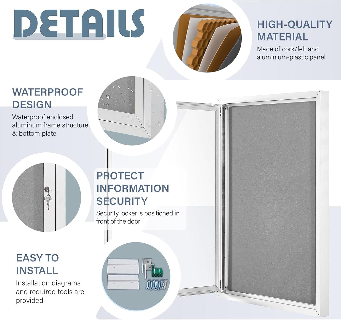 36x24 in Outdoor Bulletin Board Weatherproof Grey Felt Board | Enclosed, Tamperproof, Acrylic Locking Door, Silver Alu Frame, Wall-mounted Pin Board for Office Classroom Community Business Grey 36" x 24"