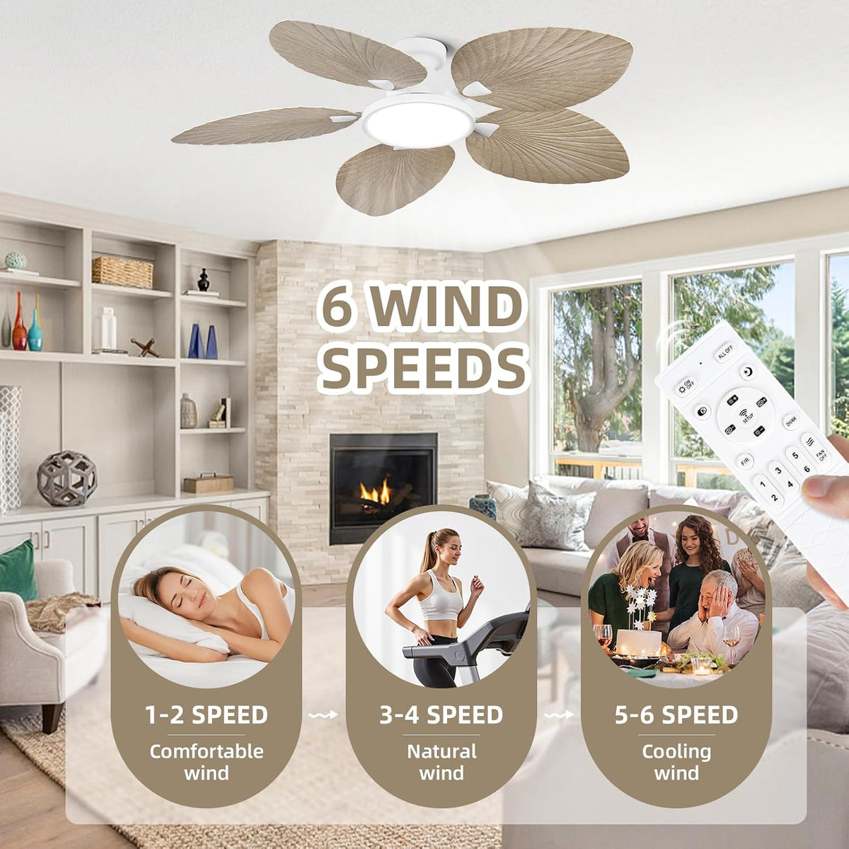 52 Inch Boho Palm Leaf Flush Mount Ceiling Fan with Light and Remote White Motor, Natural Wood Finish Blades, Quiet DC Motor, Dimmable LED, Low Profile Hugger for Bedroom & Patio
