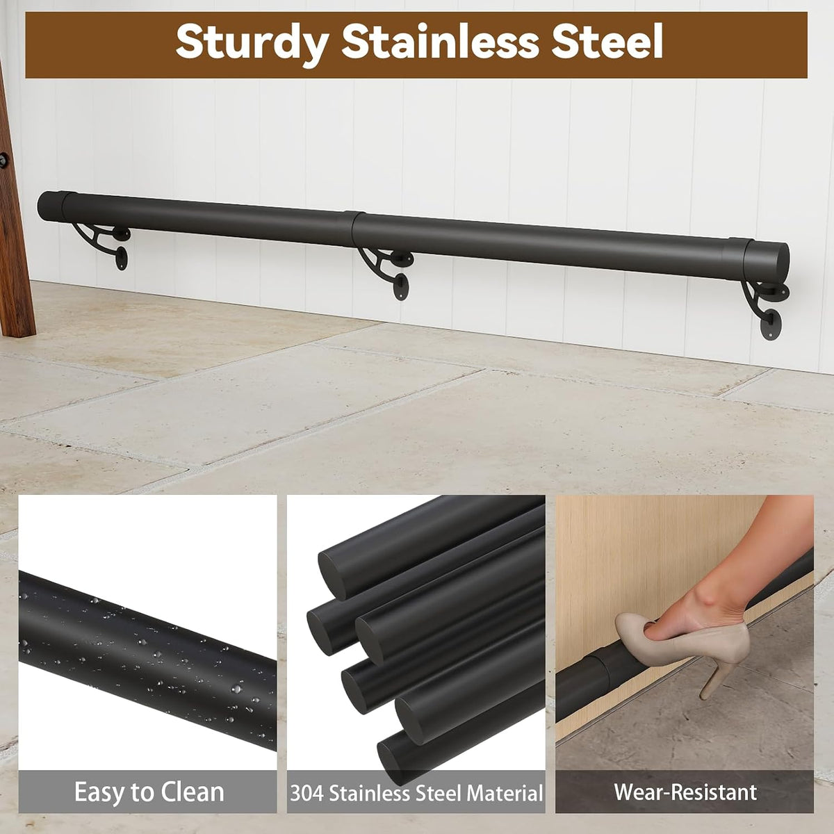 Bar Foot Rail Kit 4ft / 6ft / 8ft - Stainless Steel Complete Wall Mounted Bar Foot Rest - Matte Black Foot Rail System with Tubing, Wall Brackets, End Caps & Internal Connector