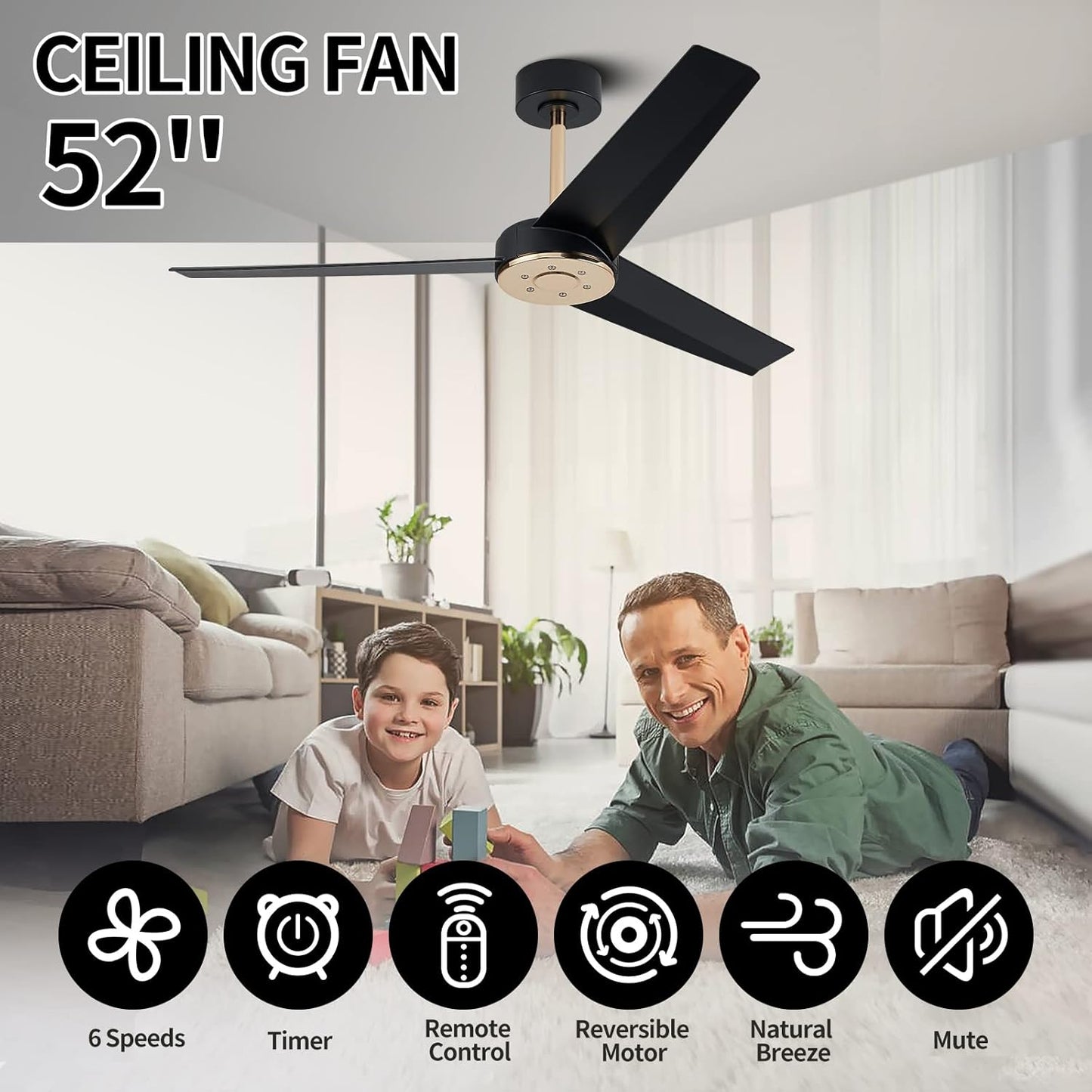 Wofifly 52'' Black and Gold Ceiling Fans No Light with Remote, Matte Black Ceiling fan without Light for Patios Bedroom, Outdoor Ceiling Fan with 6