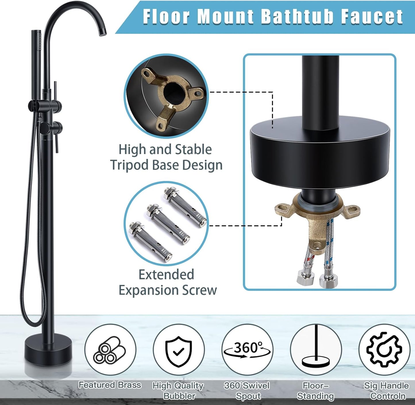 Floor Mount Bathtub Faucet Matte Black Faucet Freestanding Tub Standing High Flow Dual Function 360 Degree