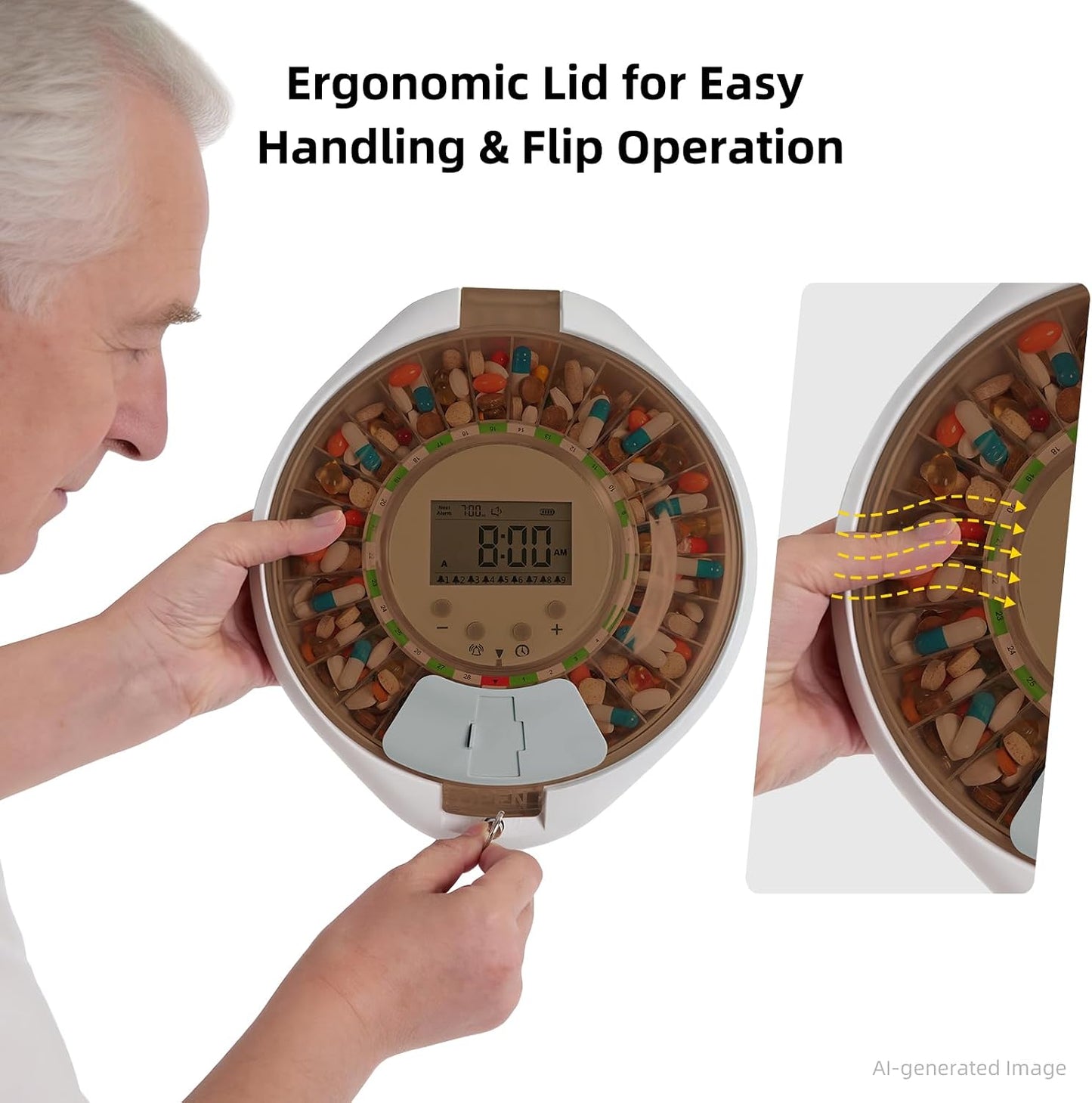 Locked Bluetooth Pill Dispenser for Caregivers App Track Adherence History | Top Lock & Ergonomic Flip Lid Friendly for Seniors, 28-Day Organizer with 9 Custom Alarms & Clear LCD, Sound-Light Reminders