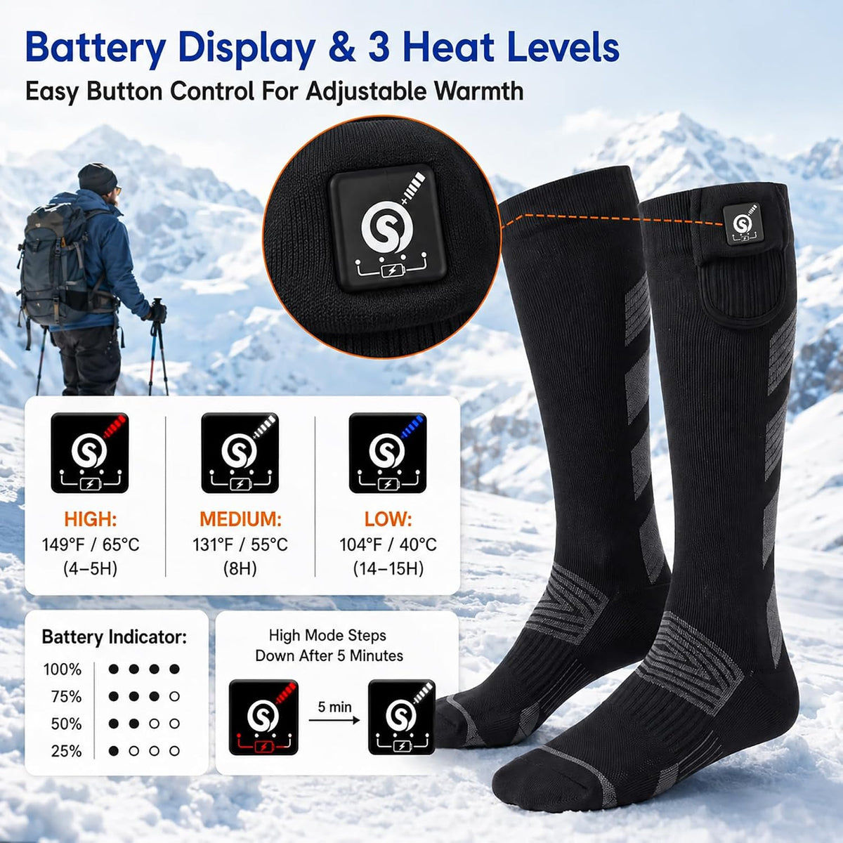 Sun Will Heated Socks for Men Women, 3 Heat Settings, USB Rechargeable Black Medium