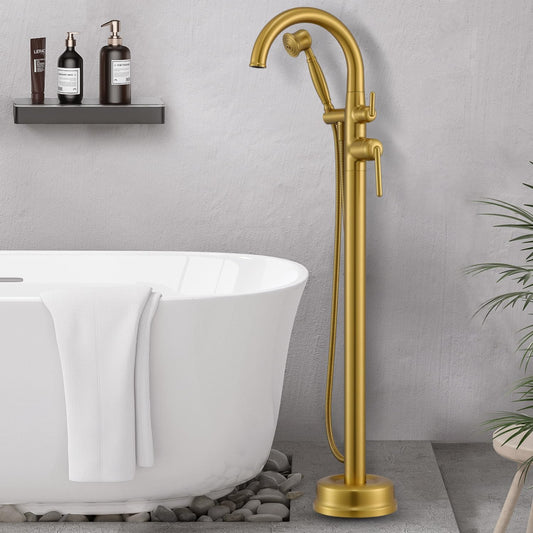 Freestanding Bathtub Faucet, 6.6GPM/60PSI Brass Floor Mount Tub Faucet Vintage Handheld Shower Brushed Gold