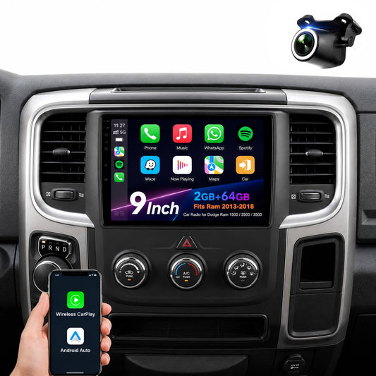 Car Stereo for Dodge Ram 1500 2500 3500 2013 2014 2015 2016 2017 2018, 9" Android 13 Touchscreen Radio, Wireless CarPlay Android Auto, GPS, Bluetooth, Backup Camera, Manual AC Only Dodge RAM 1500 2500 3500 2013 2014 2015 2016 2017 2018 Manual AC