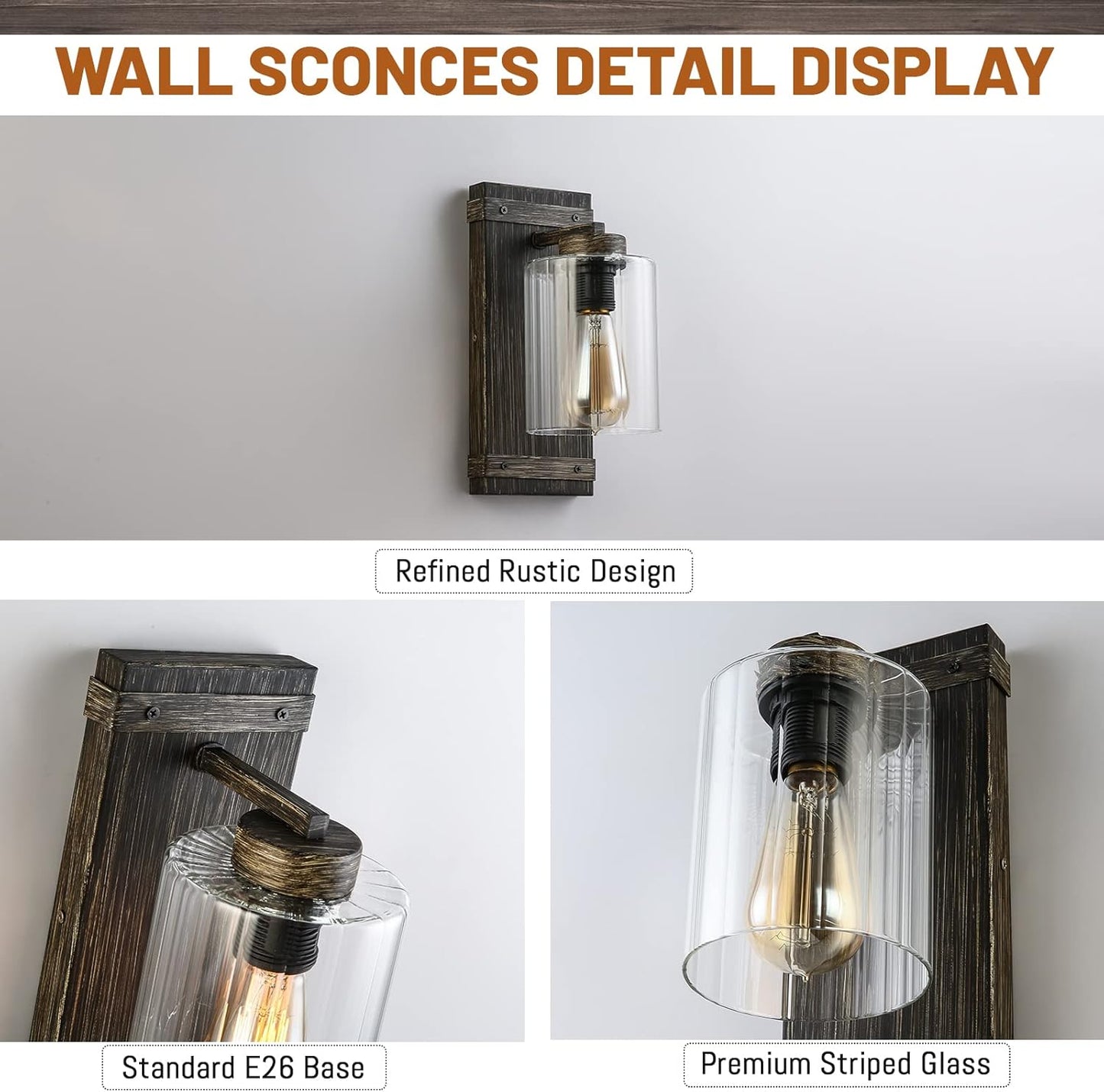 Wall Sconces,Farmhouse Bathroom Light fixtures,Wood Sconces Wall Lighting with Striped Glass,E26 Base Plug in Wall Sconces,Indoor Wall Light