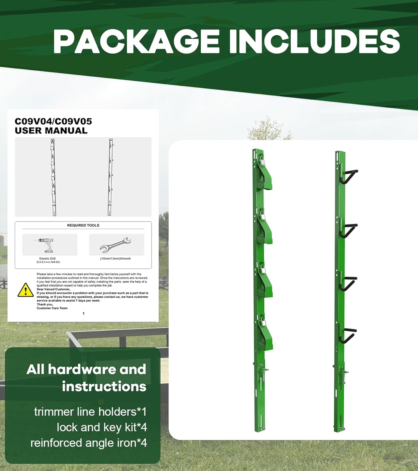 4-Position Weed Eater Racks for Trailer Green Commercial Trimmer Rack with Independent Locks for Open Trailer Work Weedeater Organization Storage Rack Holder