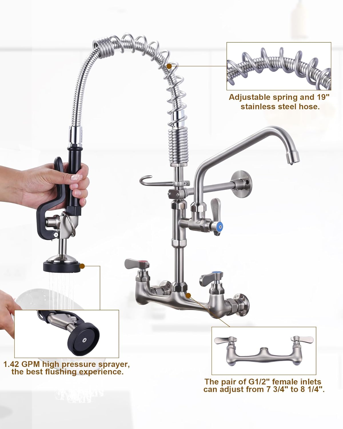 Commercial Kitchen Sink Faucet 21in, Wall Mount Kitchen Faucet with Sprayer, 3 Compartment Sink Faucet for Commercial Restaurant Kitchen