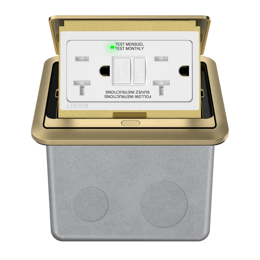 LIDER Soft Pop-Up Floor Box Kit, 20A GFCI Tamper-Resistant Receptacle, Trip Level 5mA; Galvanized Steel Enclosure, ETL-Listed, Brushed Brass
