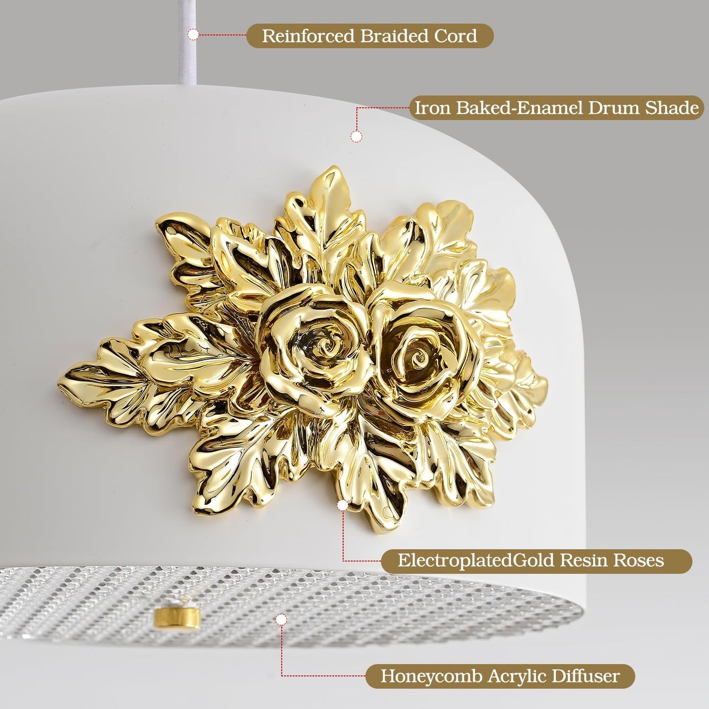French 3-Light Gold Flower Pendant light, Elegant Floral Kitchen Island Chandelier Small Vintage Fixture 10.2 inch Art Deco Rose White drum-shaped Adjustable Hanging For Dining Room Hallway Entryway.