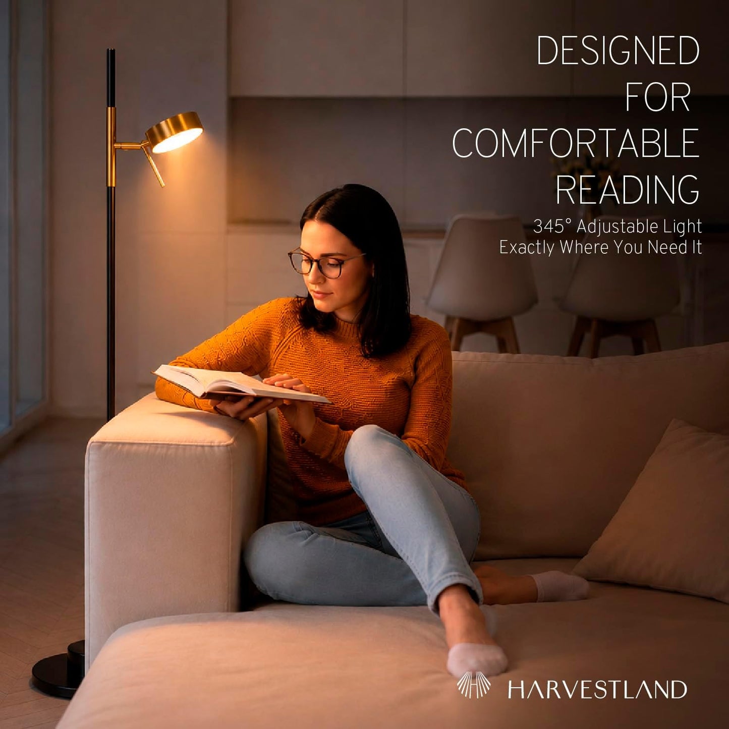 HarvestLand Black Brass Kindle Reading Lamp, Marble-Effect, Adjustable Head | 58'' Standing Reading Lamp, Marble-Look Base, 12W Warm LED Lamp, CRI≥80, LED lamp for Living Room, Bedroom, Office, Reading