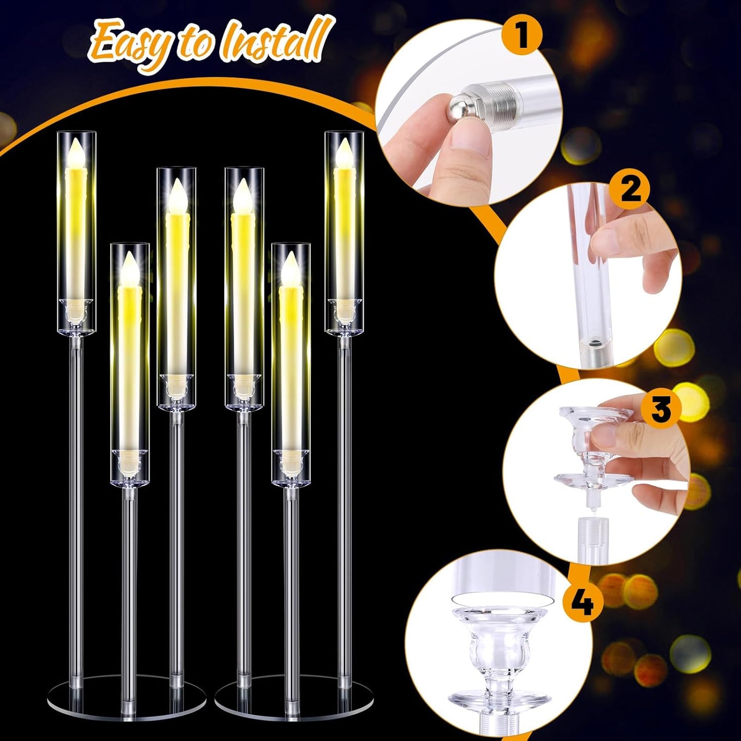 8 Set Acrylic Candelabra Centerpieces 3 Arm Clear Floor Candlesticks Candle Holders with Acrylic Shade Base 0.87&#34; LED Candles Decoration for