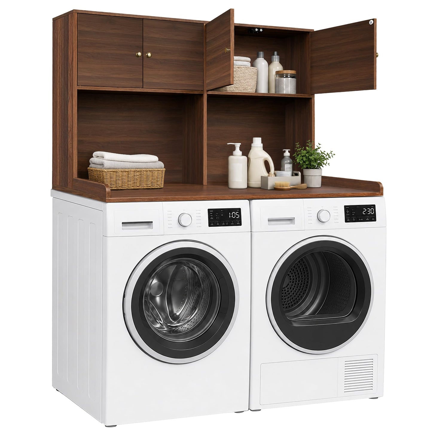 Washer Dryer Countertop with Cabinets, Laundry Countertop with Shelf, Washer and Dryer Topper with Edge, Over Washer and Dryer Shelves for Laundry Room Storage Organization, Universal Fit Walnut Dual