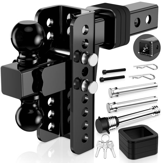Adjustable Trailer Hitch, Fit 2 in Receiver, 20,000 LBS GTW, Heavy Duty Drop Hitch with 2" & 2-5/16" Ball Mounts for Trucks, 6 Inch Drop/Rise, Anti-Theft Pins