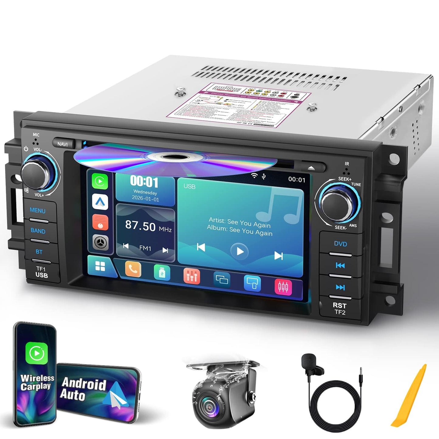 2026 Car Radio with CD/DVD Player for Dodge RAM 1500 2500 3500 (2009-2012), for Jeep Wrangle/Unlimited (2007-2015),Upgrade CarPlay&Android Auto,Online Navigation,AM,FM,Bluetooth