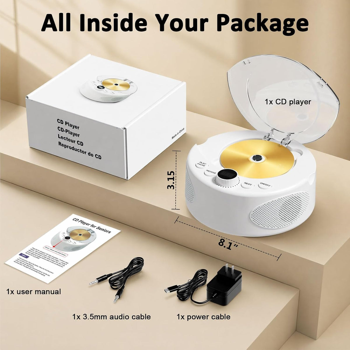 Simple CD Player for Dementia Alzheimer's Seniors, Large Buttons, Auto-Off