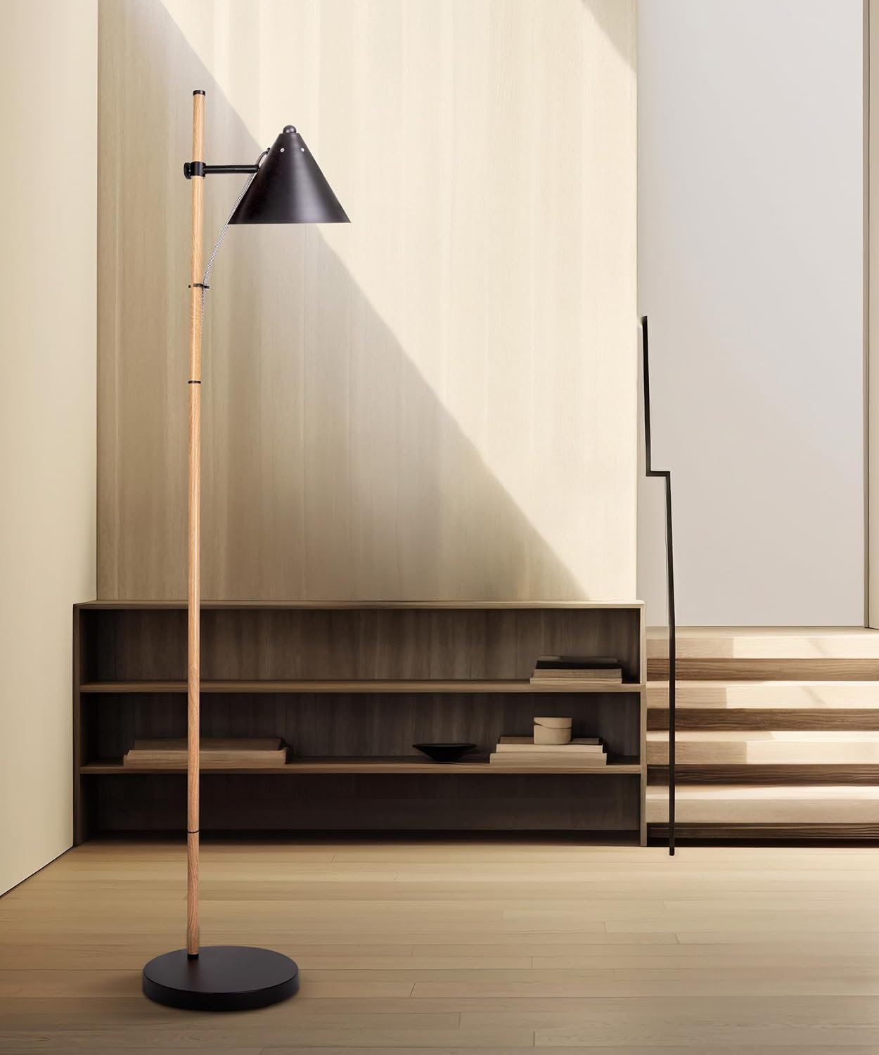 HarvestLand Noah Floor Lamp, Adjustable Reading Lamp for Living Room | 345° adjustable floor lamp,13” height adjustment, solid base, focused reading light. Black Wood Effect+Black