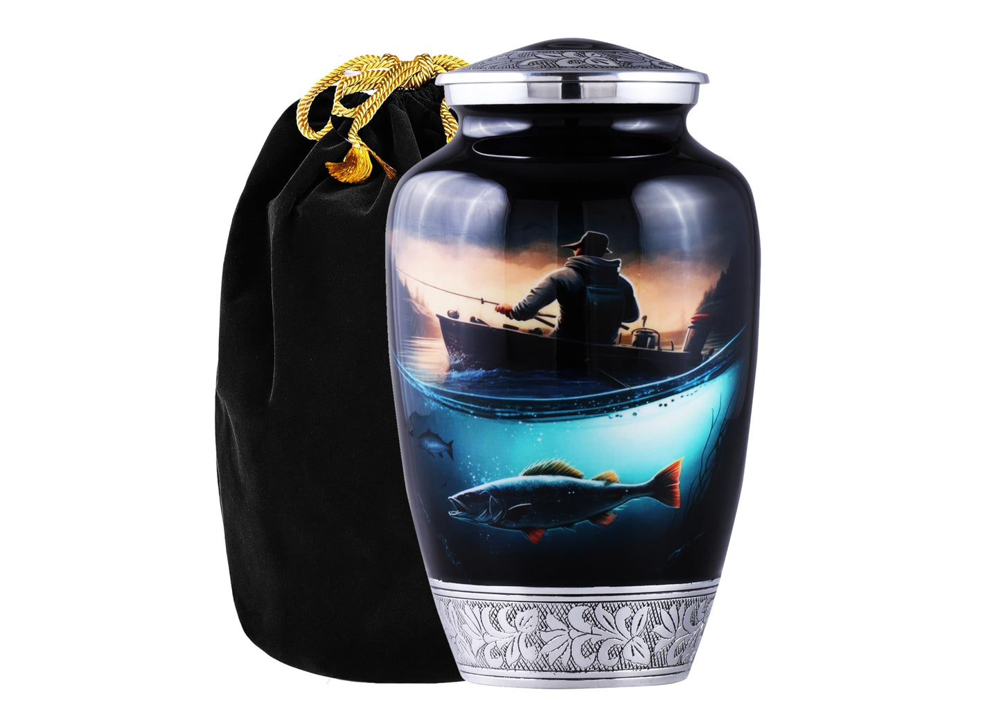 Handmade Adult Fishing Urn for Human Ashes – Large Cremation Urn for Men & Women with Velvet Bag, Memorial Funeral Urn for a Loved One,200Cubic Inch(Fishing Black, Adult) Fishing Black Adult