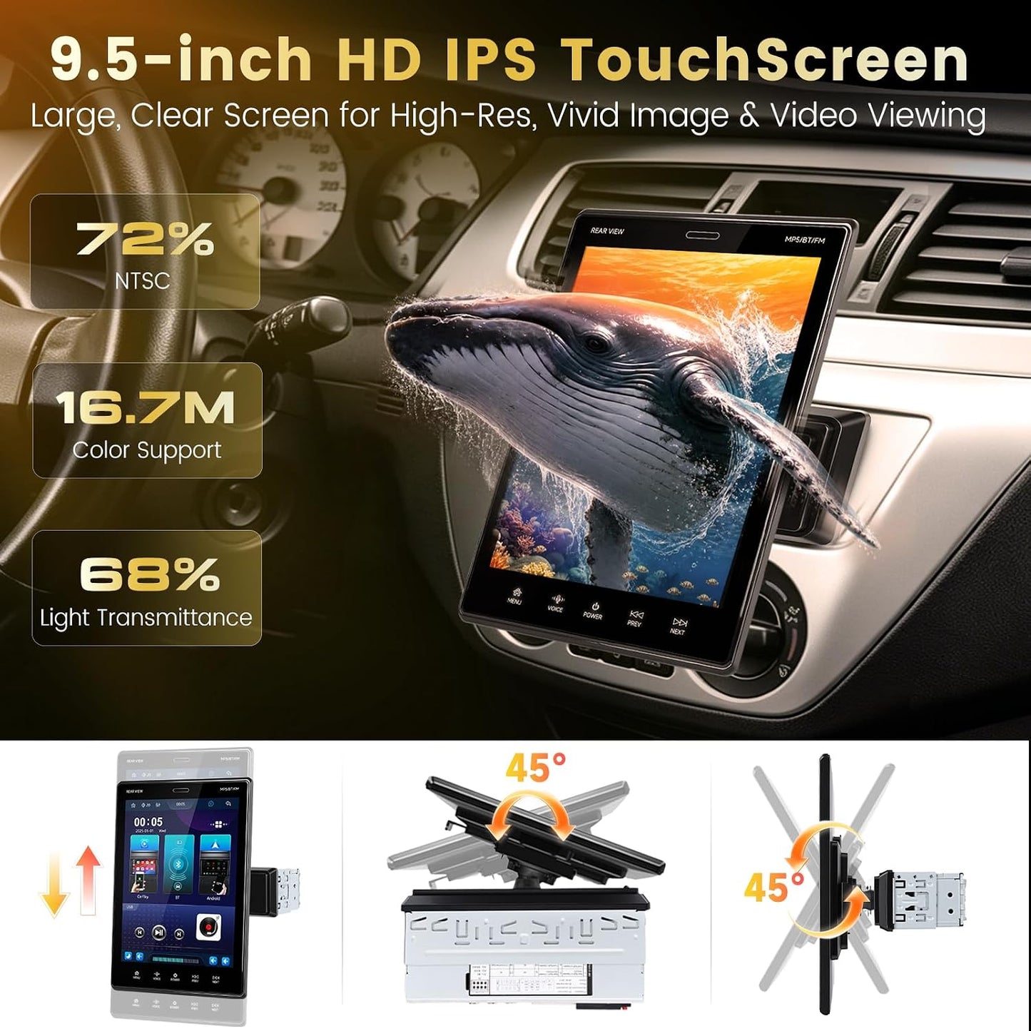 MAHVEC 9.5'' Single Din Car Stereo with Wireless CarPlay Android Auto,HD IPS Adjustable Screen Vertical Radio with Bluetooth, USB, Mirror Link, SWC, Bluetooth, Car Play, FM/AM/RDS Radio, Backup Camera