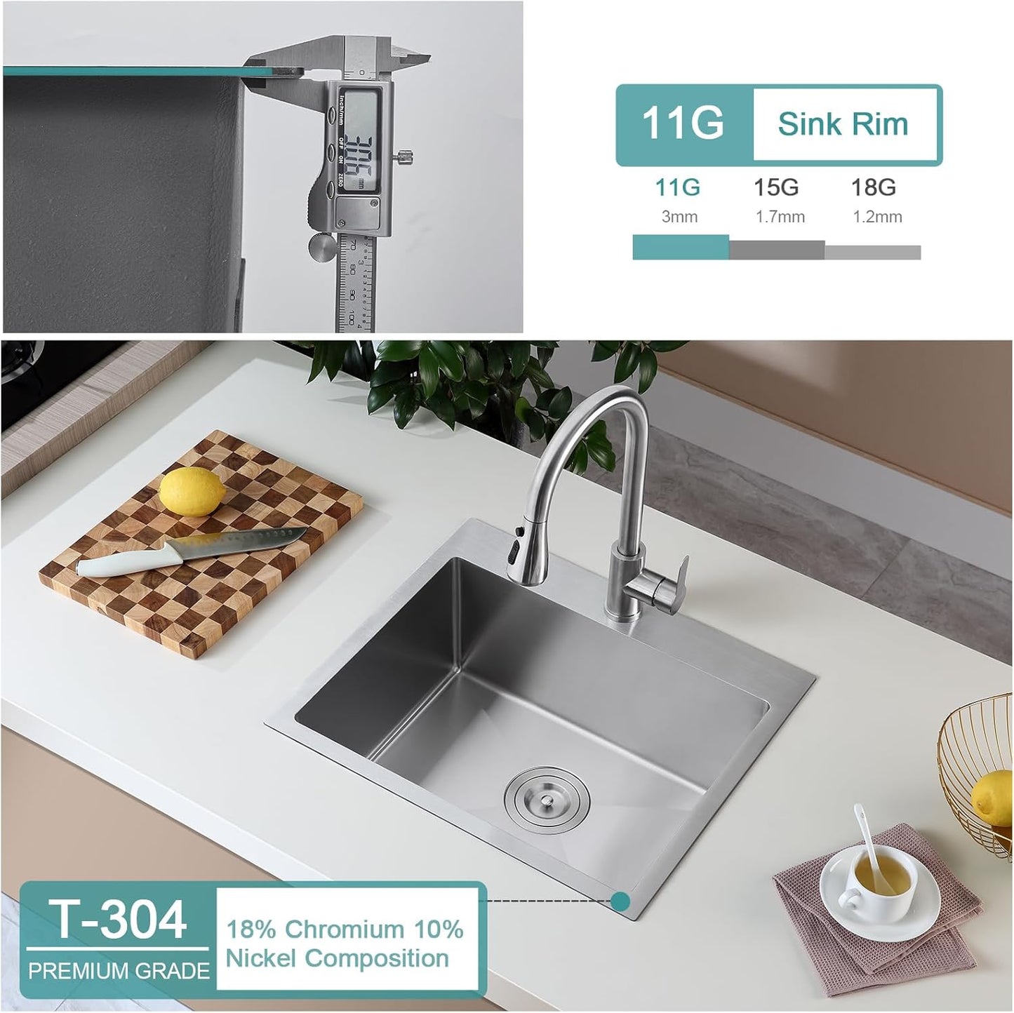 KINKIB 20 inch Drop-in Kitchen Sink Single Bowl, Small Topmount Kitchen Sink with Protective Bottom Grid, Overmount 304 Stainless Steel Kitchen Bar