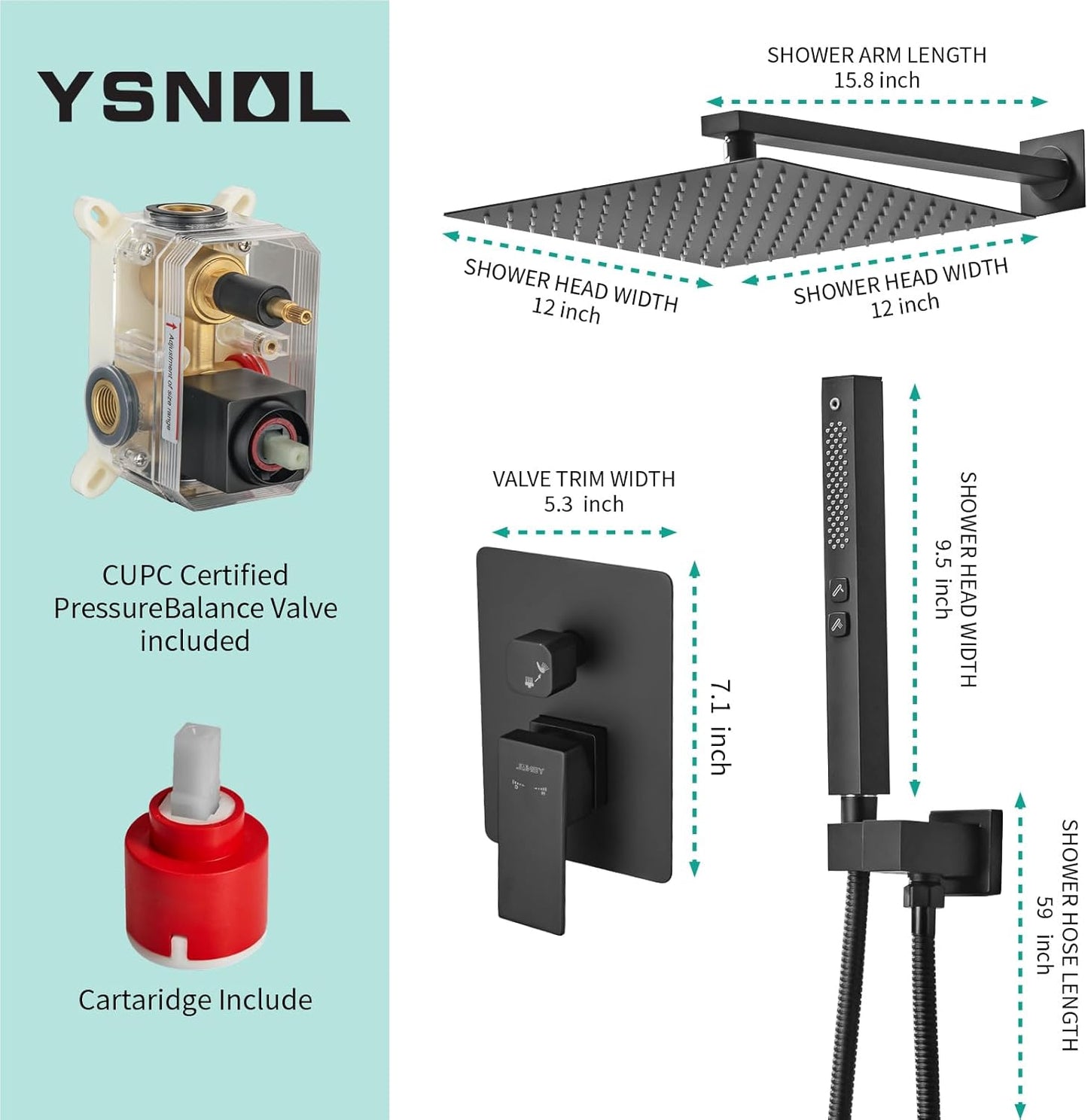 YSNOL Shower System Matte Black Shower Faucet with Square 12 Inch Rainfall Shower Head and Handheld Spray Combo, High Pressure Bathroom Shower Fixture