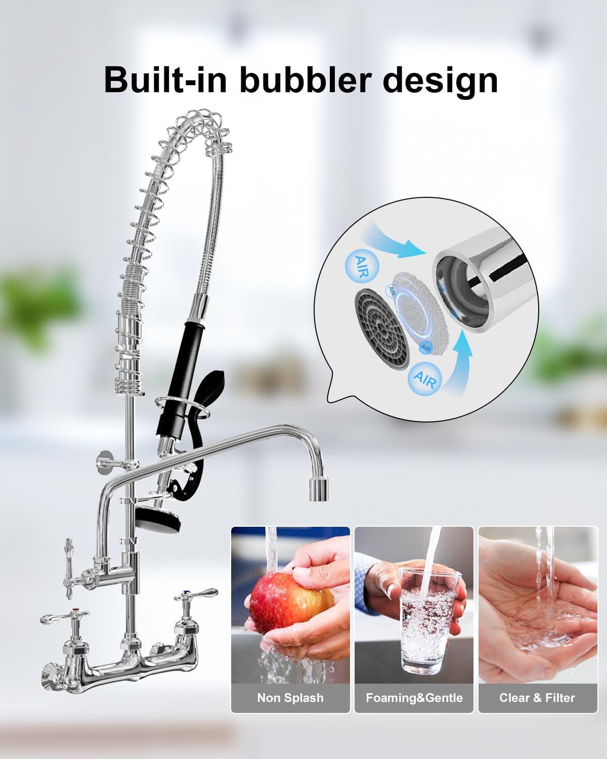 Commercial Sink Faucet,Commercial Faucet with Sprayer Adjustable Center Wall Mounted Restaurant Faucets,12&#34; Spout andPull-Down Pre-Rinse Faucet