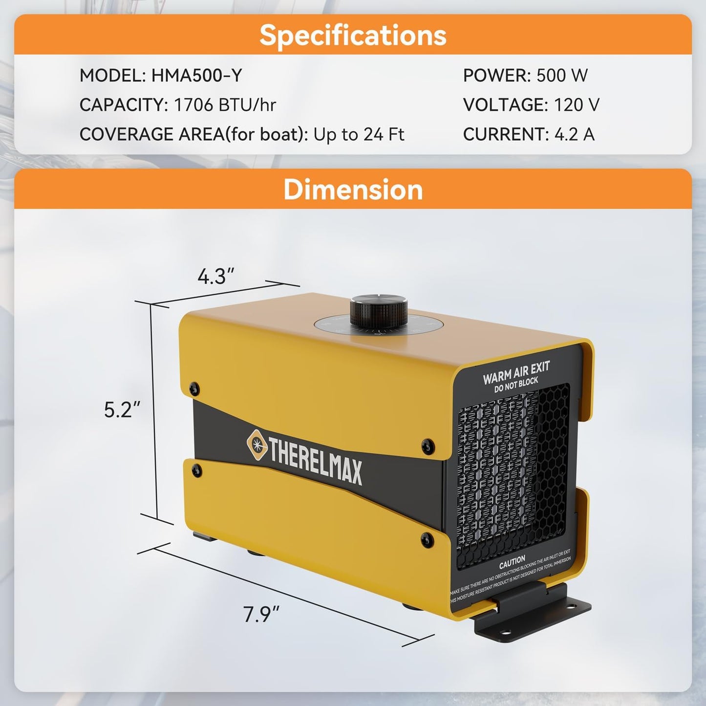 Boat Engine Compartment Heater with Thermostat, 500W Boat Cabin Heater with Safe PTC Element and Waterproof Fan HMA500-Y-S1 Multi-Use Boat Bilge