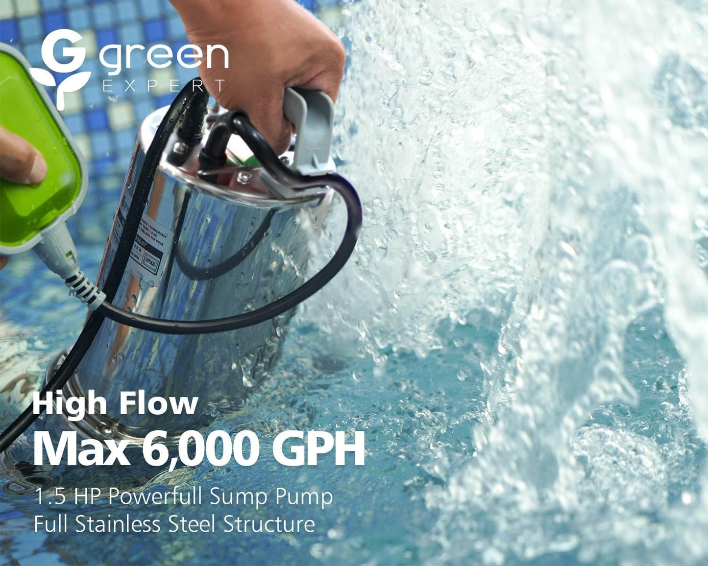 Green Expert 1.5HP Submersible Sump Pump, 6000 GPH High Flow Water Removal Pump with Tethered Float Switch, 304 Stainless Steel Pump for Flooded Basement, Dirty Water, Sewage Pit & Pool Drainage