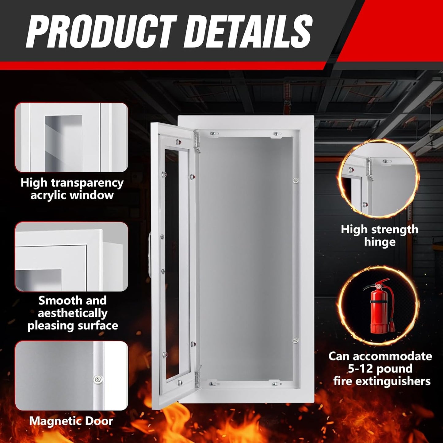 Semi Recessed Fire Extinguisher Cabinet for 5-12 pounds Extinguisher, White Steel Fire Extinguisher Mount with Magnetic Door & Handle for Indoor Outdoor, Wall Cabinet with Full Clear Acrylic Door