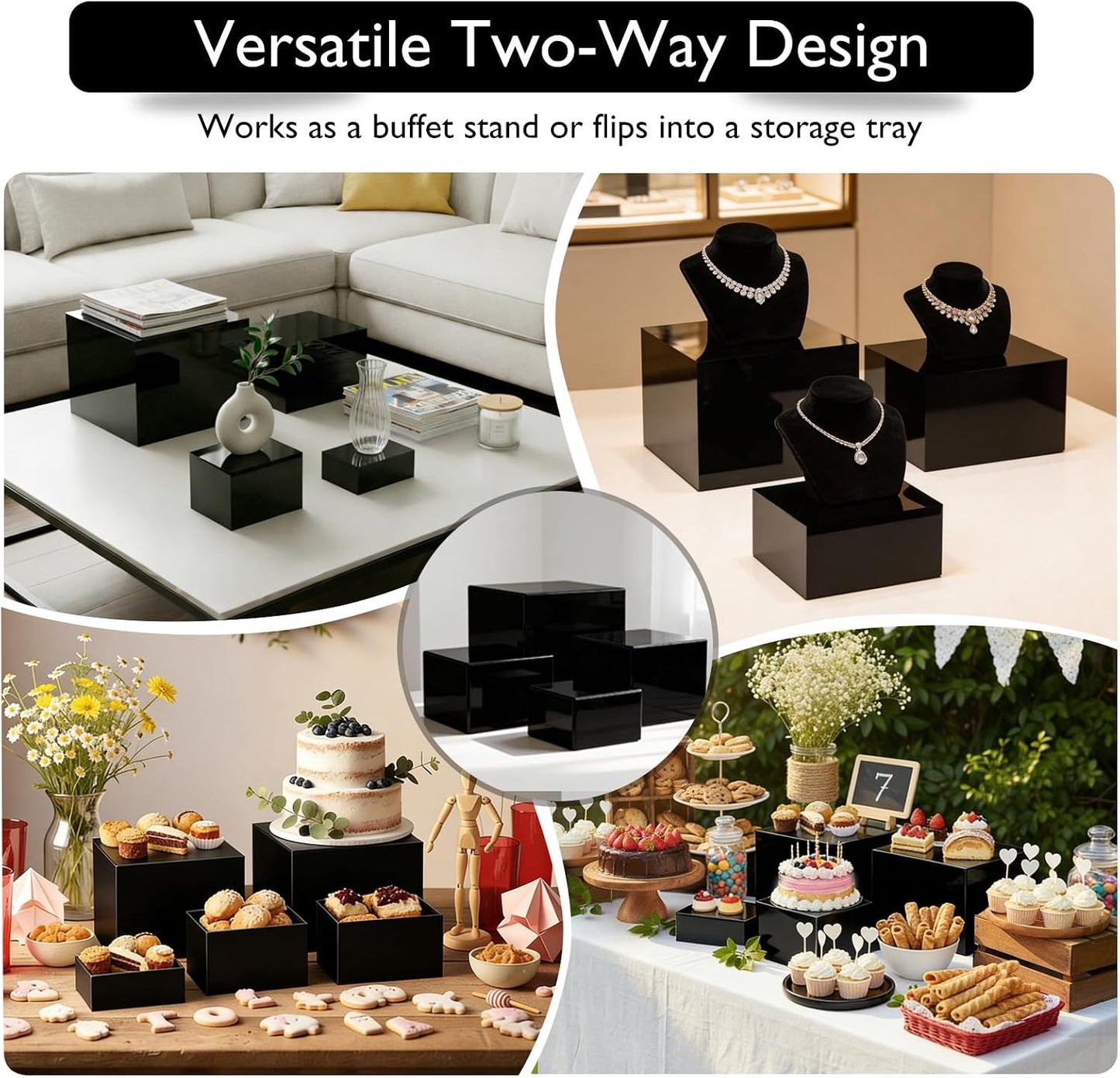 13.8" Extra Large White Risers, Large Size Acrylic Cube Display Nesting Risers, Food risers for buffet table, Black Risers for Catering Dessert Collectibles Jewelry Figures Show